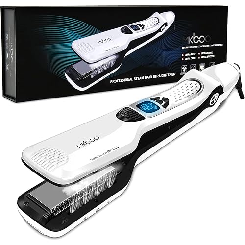 MKBOO Hair Straightener with Steam,Salon Professional Nano Titanium Ceramic Steam Flat Iron with Removable Comb+Digital LCD+5 Level Adjustable Temperature+Auto Temperature Lock White