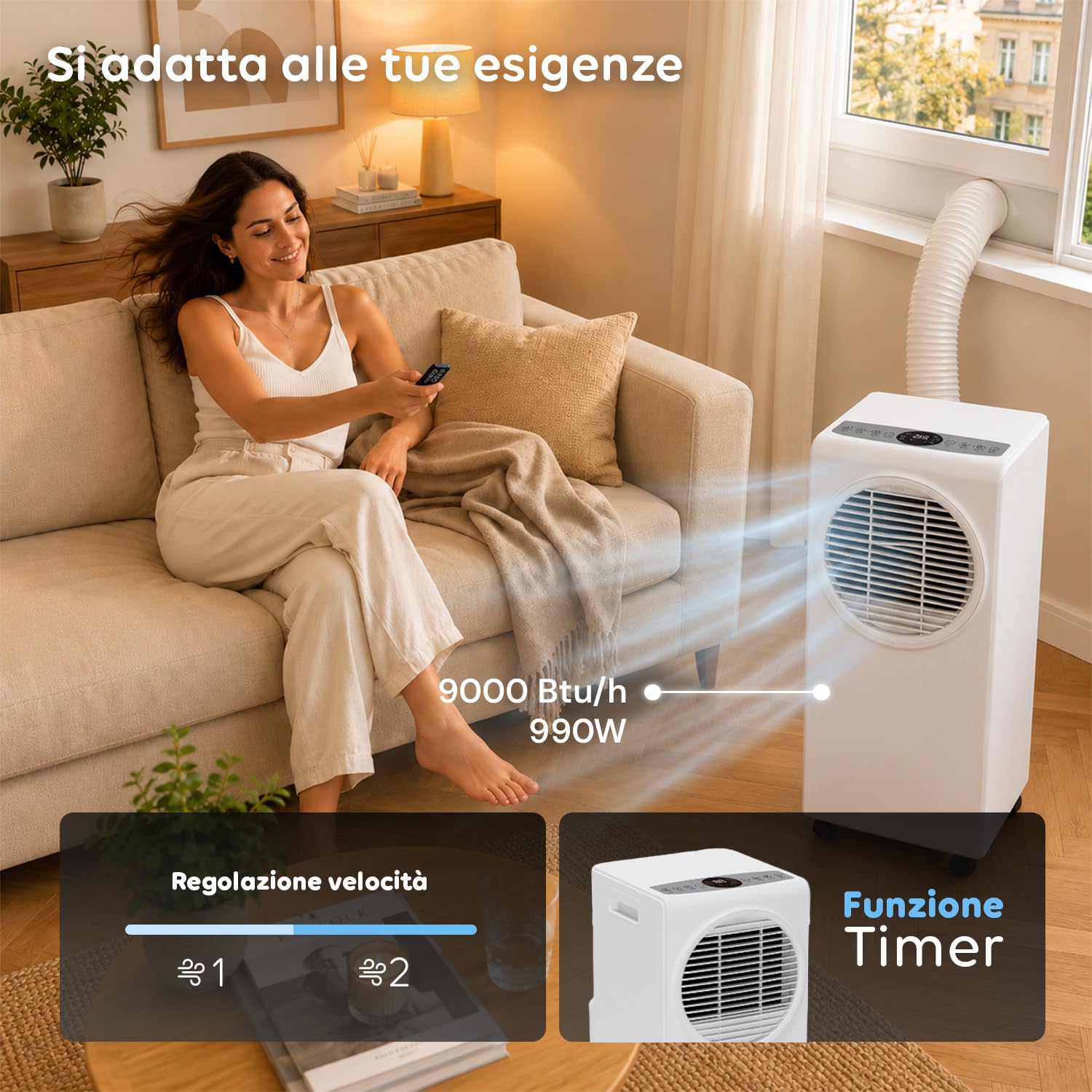 Wintem - Climatizzatore Condizionatore Deumificatore Portatile 9000 BTU 3 in 1 in ABS Ventilatore con Telecomando (Classe A R290), 990W + Timer