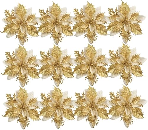 Flores de Pascua de Navidad artificiales con purpurina, arbustos de nochebuena para decoración del árbol de Navidad, 12 unidades, flores de Navidad