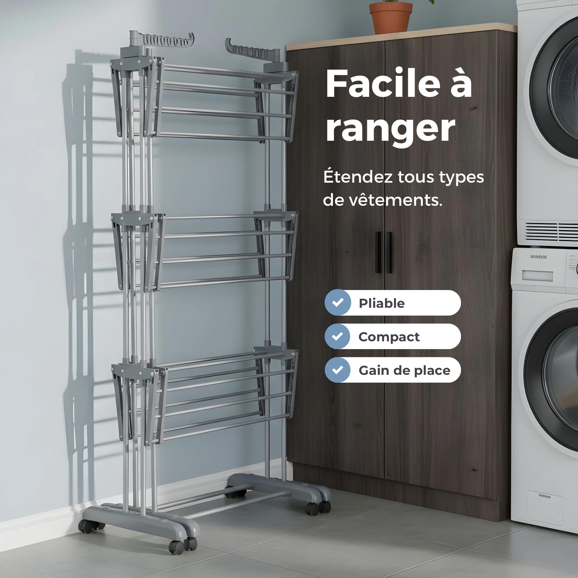 MELTA. Étendoir à Linge 4 Niveaux Extensible avec roulettes – Séchoir Pliable Grande Capacité 35 kg – Mobile, Verrouillable, pour Intérieur & Extérieur – Acier Renforcé – Gris