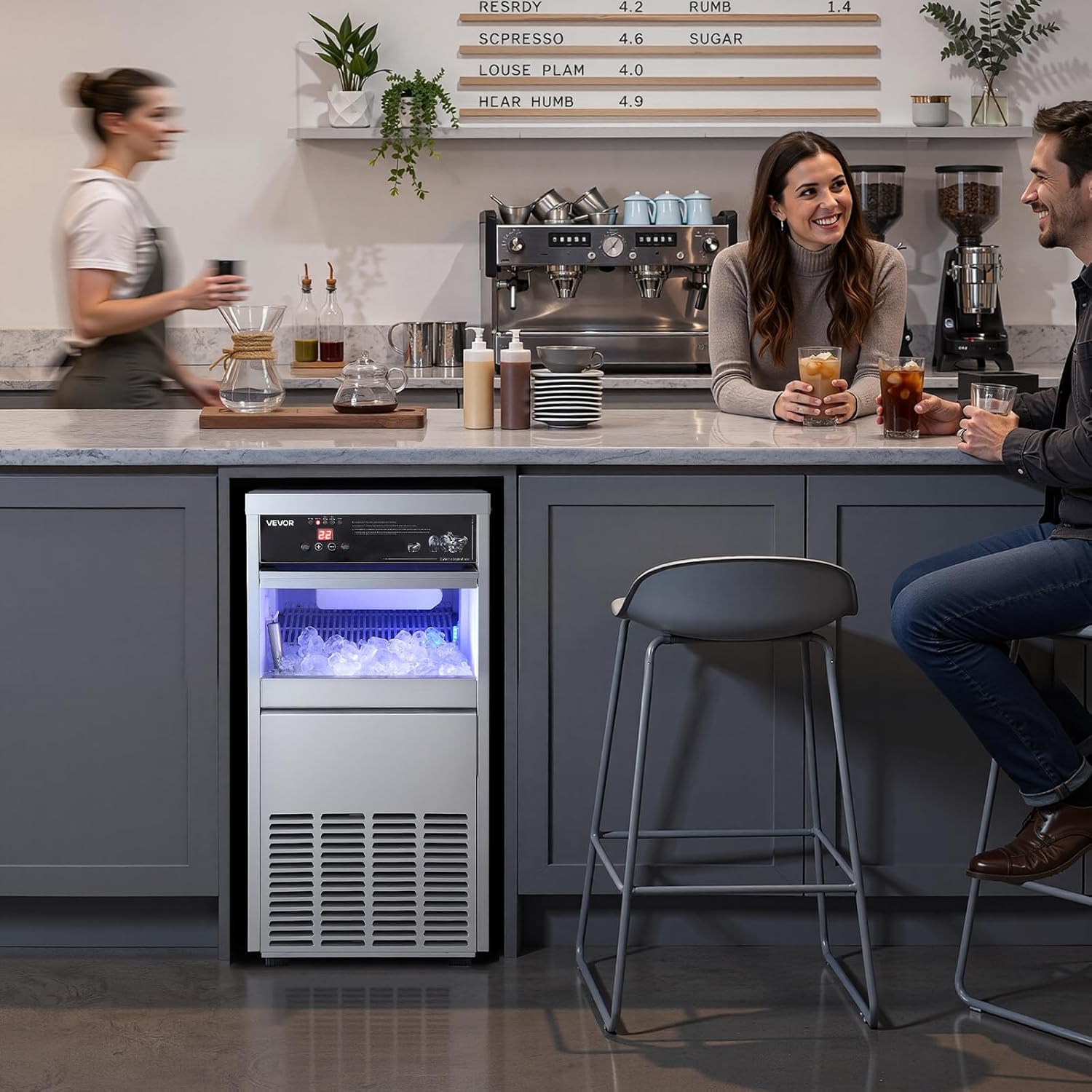 VEVOR Commercial Ice Maker Machine, 100 lbs/24h with 30-35 lbs Storage, Bullet Ice,Built-in/Freestanding/Under Counter, Stainless Steel Ice Maker with LED Display for Home Bar Restaurant