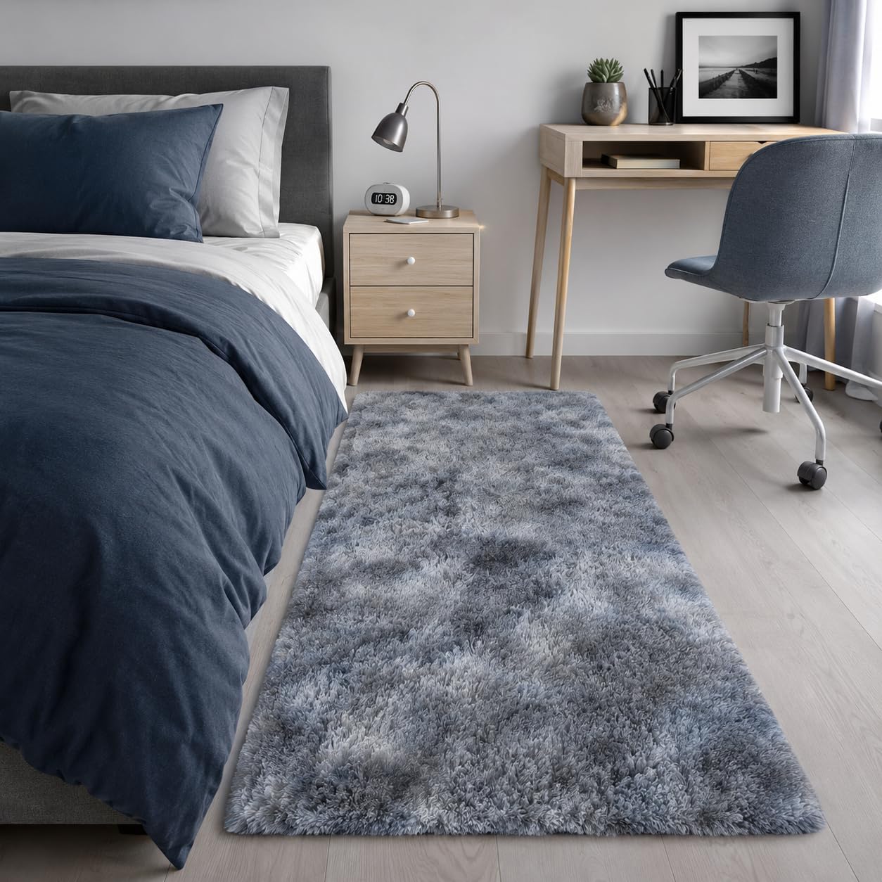 BEIMO Fluffy Faux Fur Bedside Rug 80x150cm, Tie Dye Soft Shaggy Rugs for Bedroom, High Pile Rugs, Non Shedding Plush, Shaggy Rug for Living Room, Black & Grey — image 1
