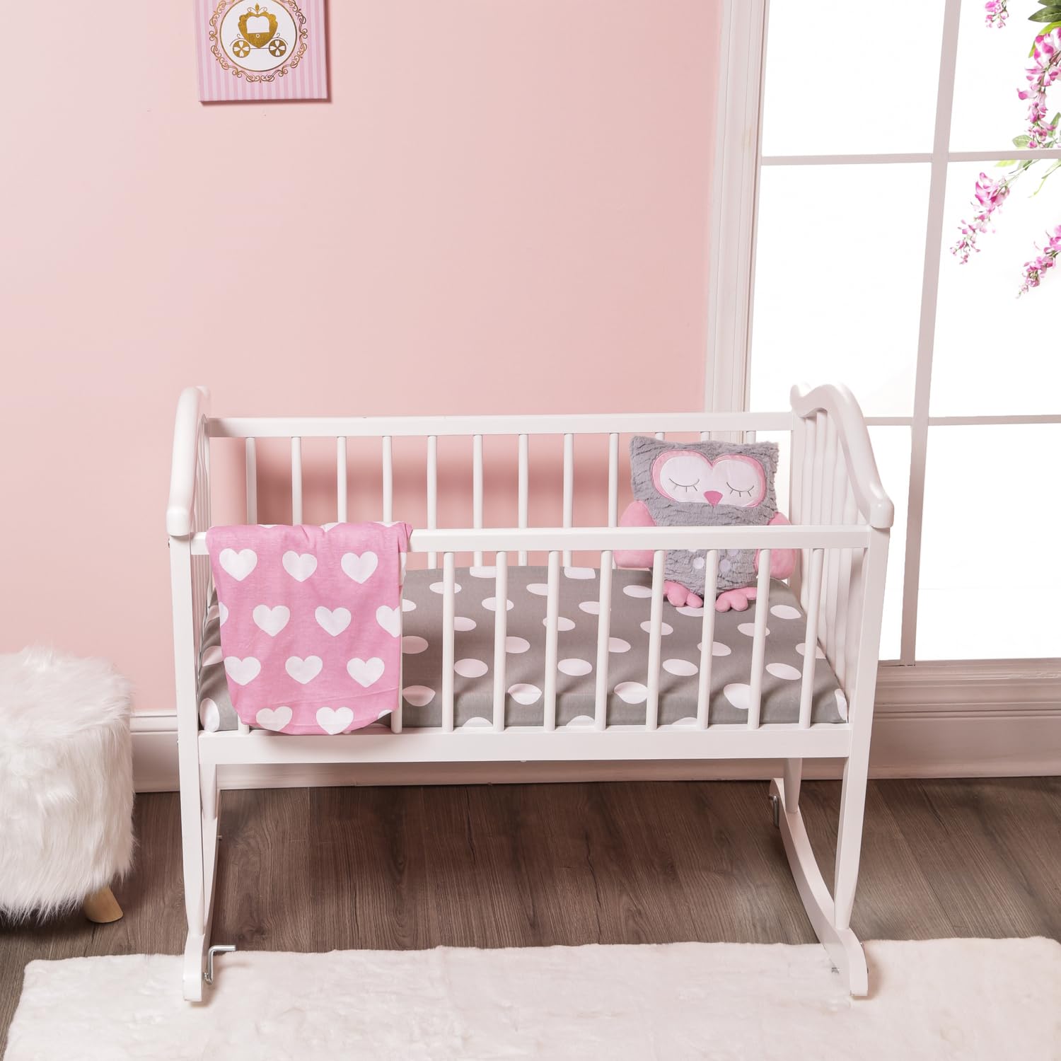 EVERYDAY KIDS 2 Pack Baby Cradle Sheets - Fitted Set for Baby Girl; 100% Cotton Jersey Knit, Breathable and Soft Cradle Mattress Pad Cover; Pink and White Heart Design Sheet and Gray Polka Dots Sheet
