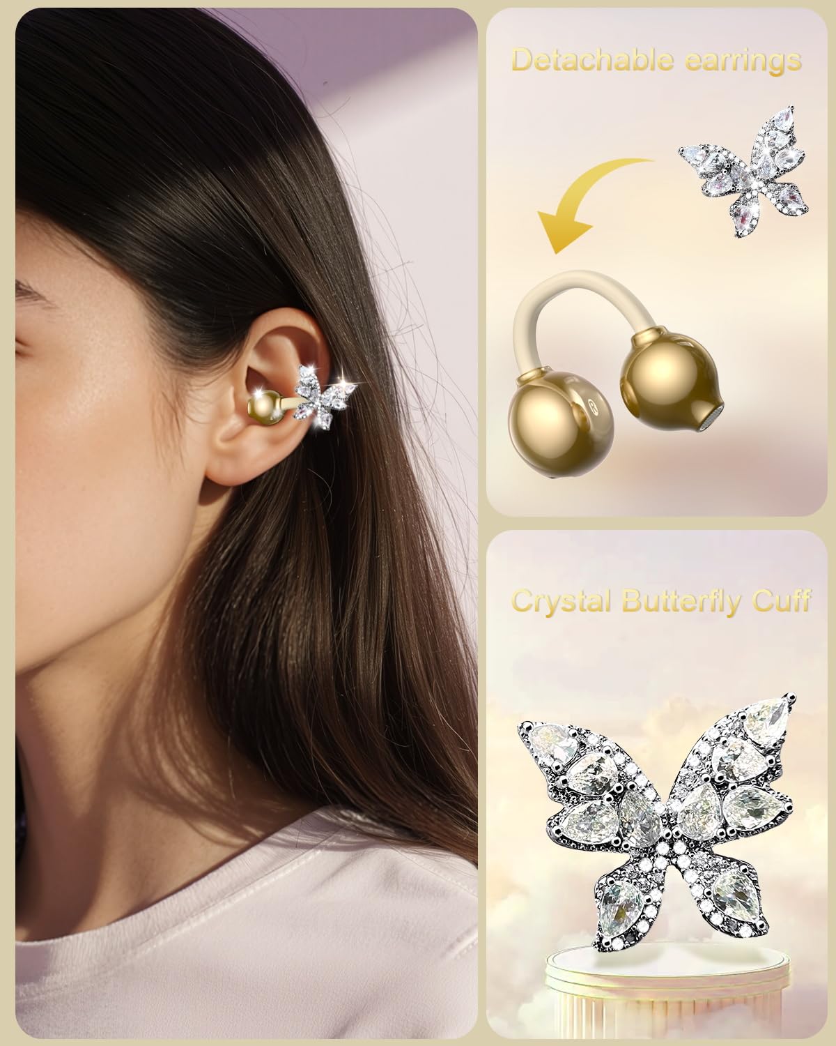 Alfu Auricolari Bluetooth senza fili aperti: orecchini a clip con farfalla – Bluetooth 6.0 IPX5 impermeabili auricolari con design alla moda regalo per donne ragazze sport e allenamenti