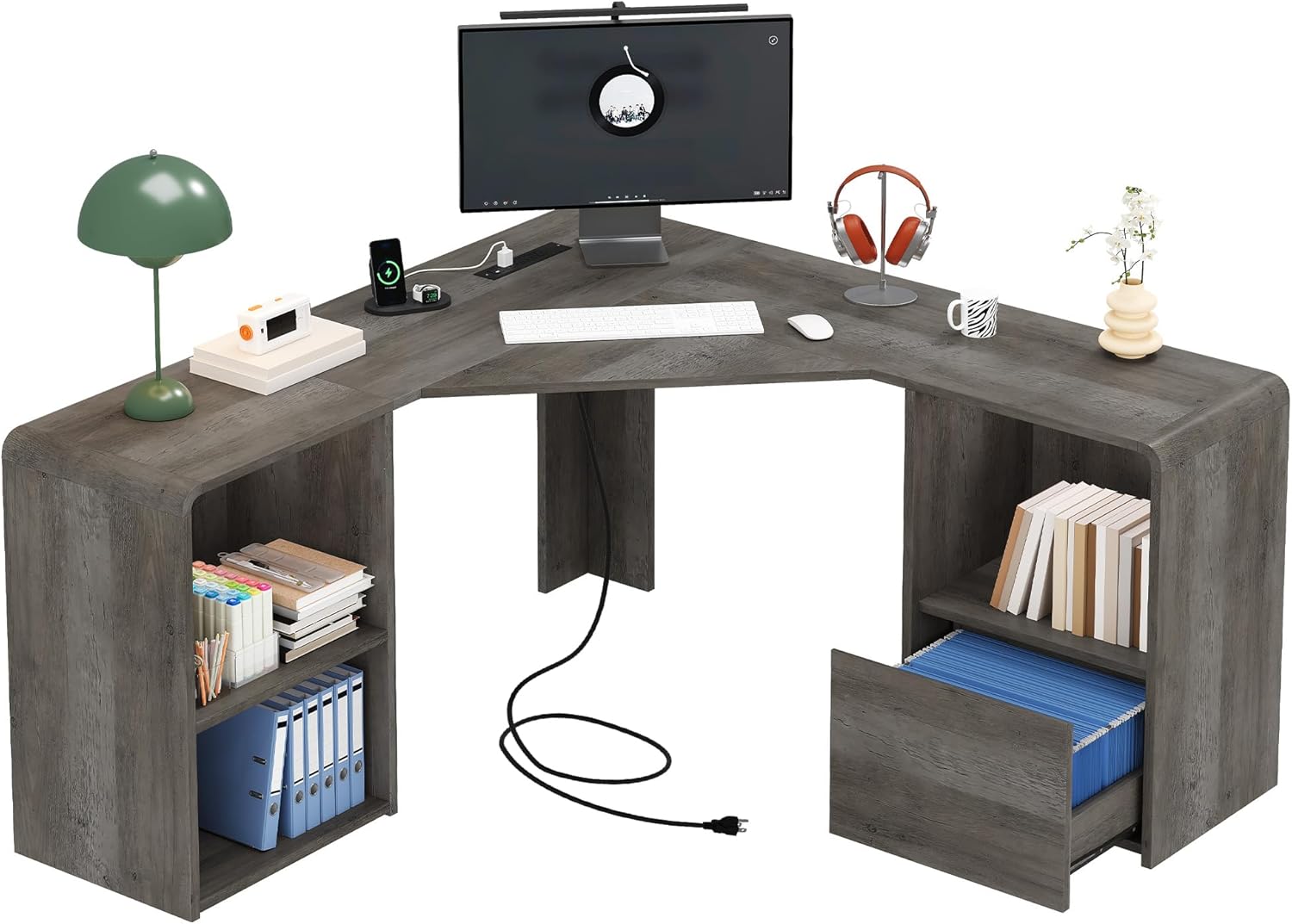 60" L Shaped Desk with File Drawer Modern Corner Computer Desk with Storage L Shape Home Office Desk Executive Desk with Power Outlets Storage Shelves File Cabinet for Working Writing Grey