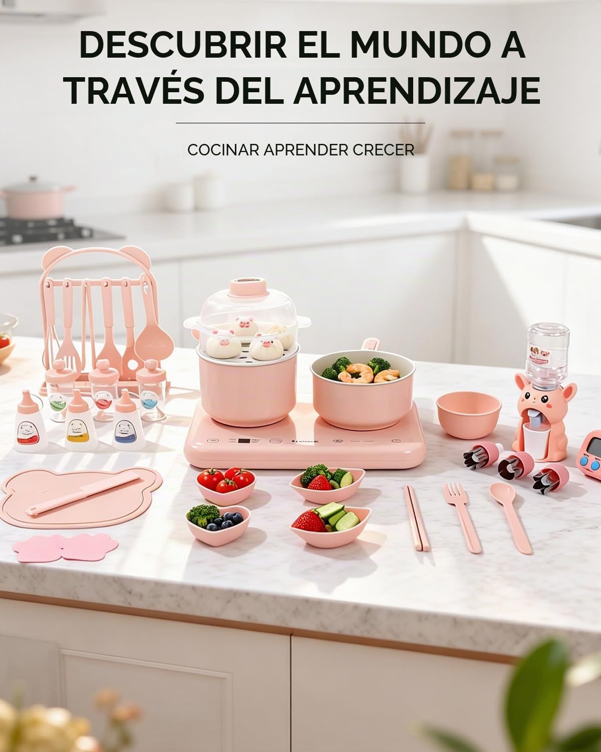 BICRET Juego de Cocina Eléctrica para Niños con Doble Fuego, Accesorios Completos, Incluye Utensilios de Cocina y Cuchillo de Chef Seguro, para Niños de 8 a 12 Años (Rosa)