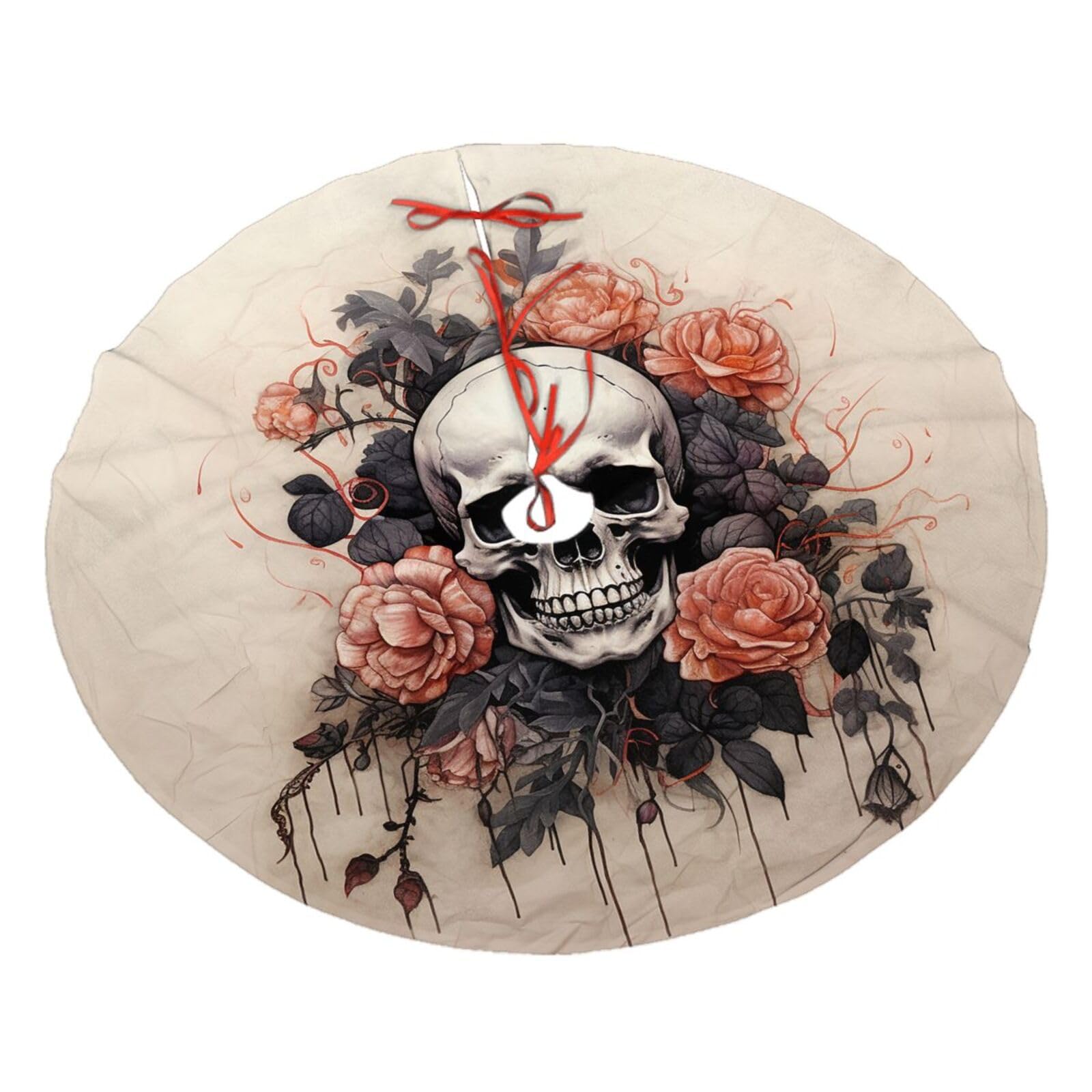 Ancient Skull and Flowers Christmas Tree Skirt 48",Soft Plush Xmas Tree Mat Christmas Tree Oranment for Merry Christmas Party Holiday Indoor Outdoor Decorations