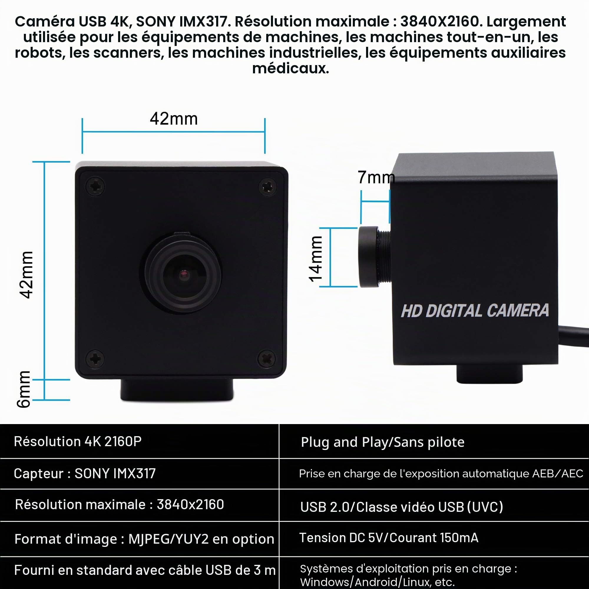ELP Caméra 5 MP avec Obturateur Global 50 FPS, Swing de Golf Haute Vitesse, Webcam USB avec Objectif Couleur Grand Angle Sans Distorsion pour Machines Industrielles Ralenties