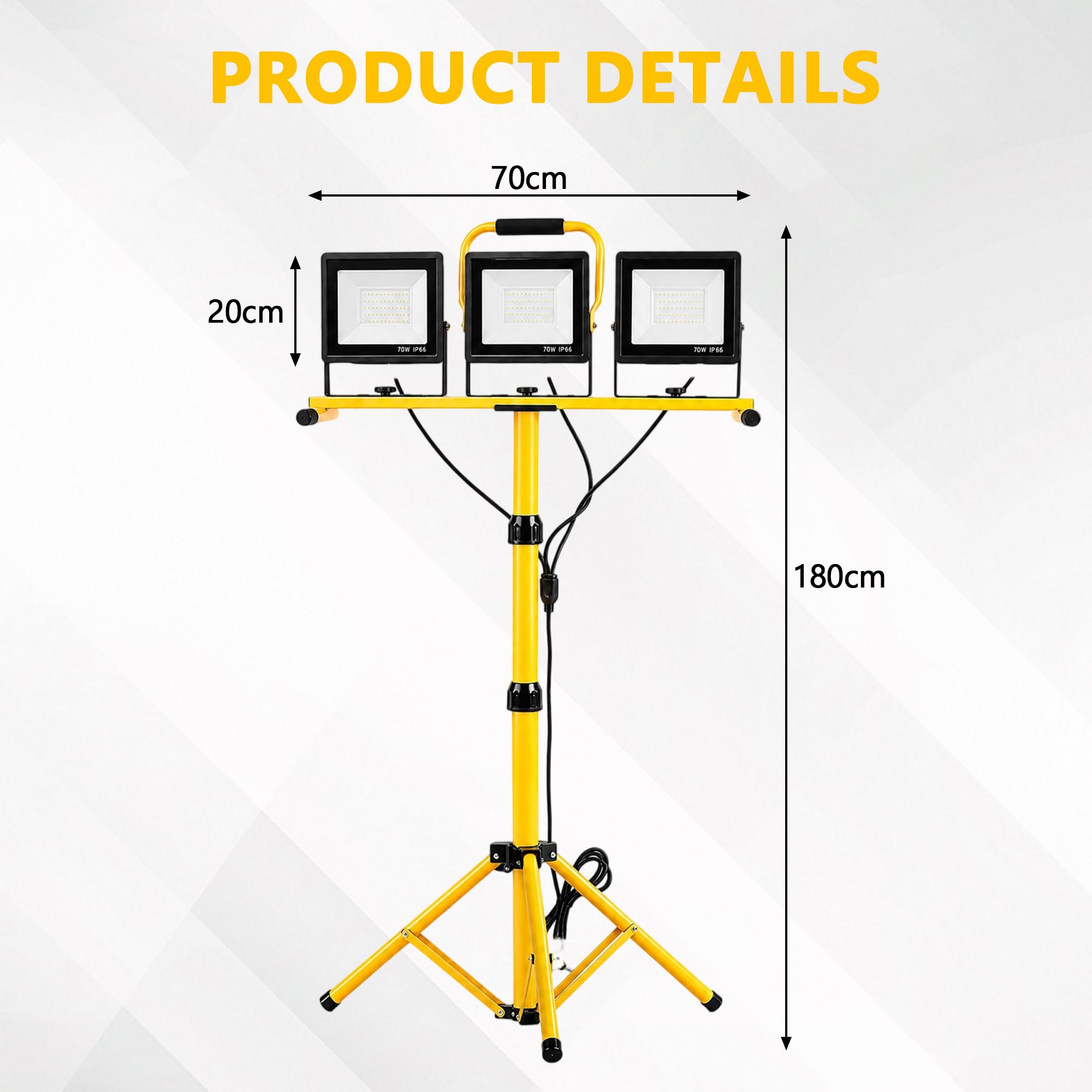 Projecteur LED chantier, 70W×3, sur trépied, IP66, avec câble 5M | Orientable; hauteur réglable; pour atelier et garage.
