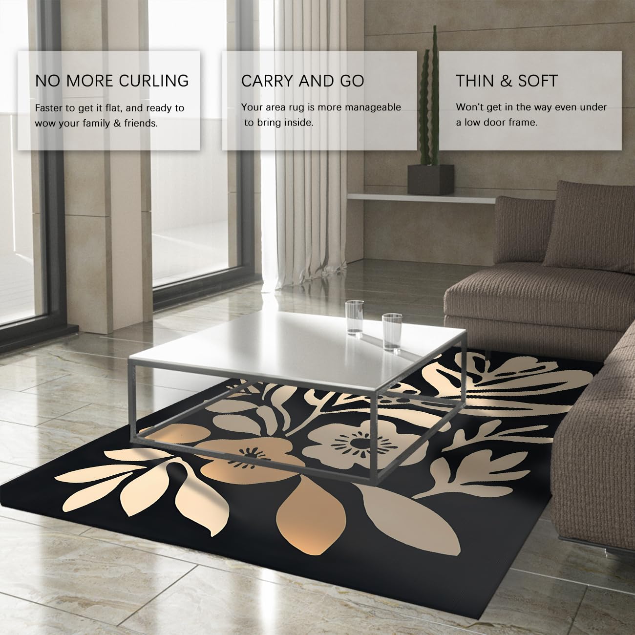 Boho Black Area Teppiche für Wohnzimmer Schlafzimmer Waschbarer großer Esszimmerteppich Rutschfester Abstrakter geometrischer Blumenteppich für Bürospielzimmer 160x230cm