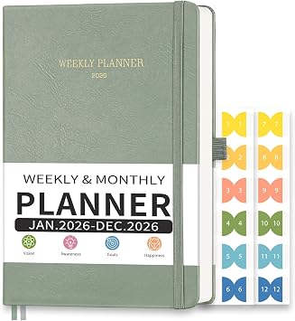 2026 Planner, Appointment Book, Hourly, Daily, Weekly and Monthly, Jan 2026 - Dec 2026, Medium Size 5.7" x 8.3", 2026 Calendar, Leather Hardcover, 12 Self-Adhesive Monthly Tabs Light Green