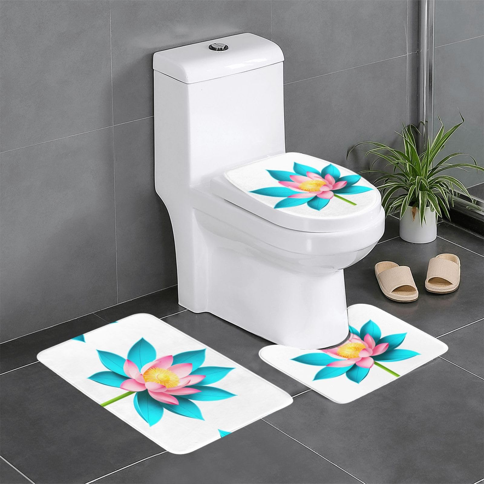 Tapis de salle de bain WHJDPP lot de 3 rectangulaire U O imprimé lotus coloré 61x40,6 cm
