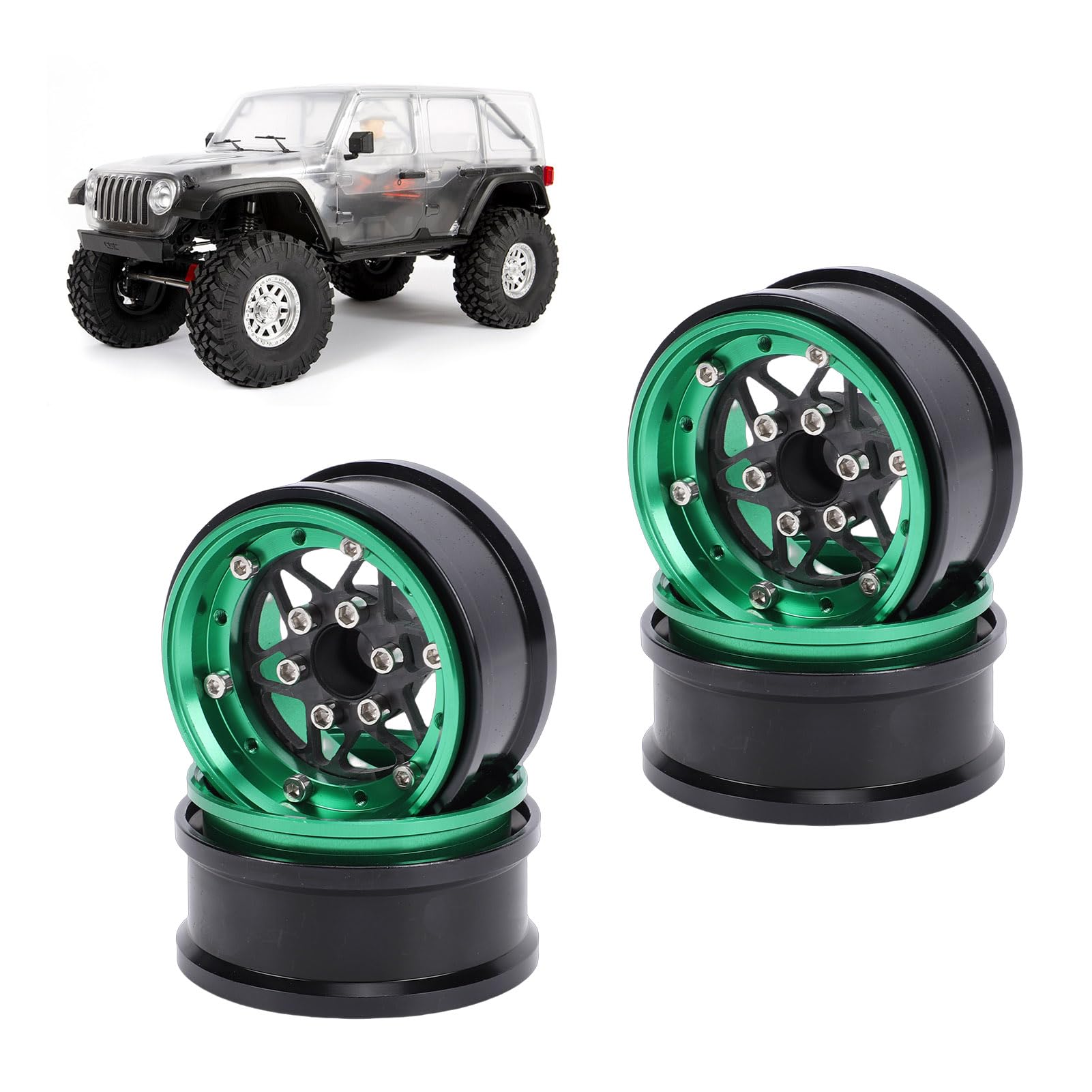 4 Llantas de Aleación de Aluminio RC Crawler, Ruedas 1.9 Beadlock Ligeras Mecanizadas CNC con Fijación de Tornillo de 4 Agujeros para 1/10 Axial SCX10 Wraith RC Crawler (Green)
