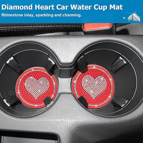 Miniatura 5 de AICEL Posavasos para automóvil con diseño de corazón, 2 unidades, universales, de 2.75 pulgadas, con diamantes de imitación brillantes, tapete