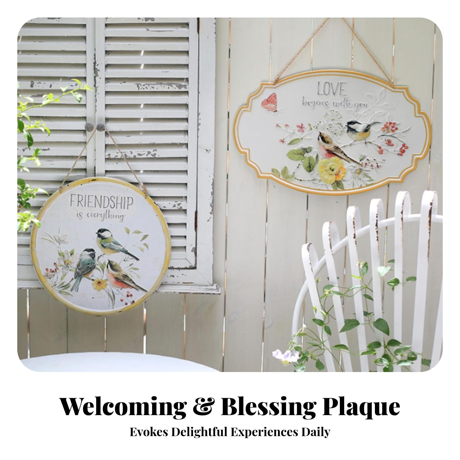 Baoblaze da Parete per Esterni Decorativa Insegna Pannello Metallo con Lettere in Rilievo E Cornice Effetto Vissuto Stile Rustico Botanico con Cordino per, FRIENDSHIP