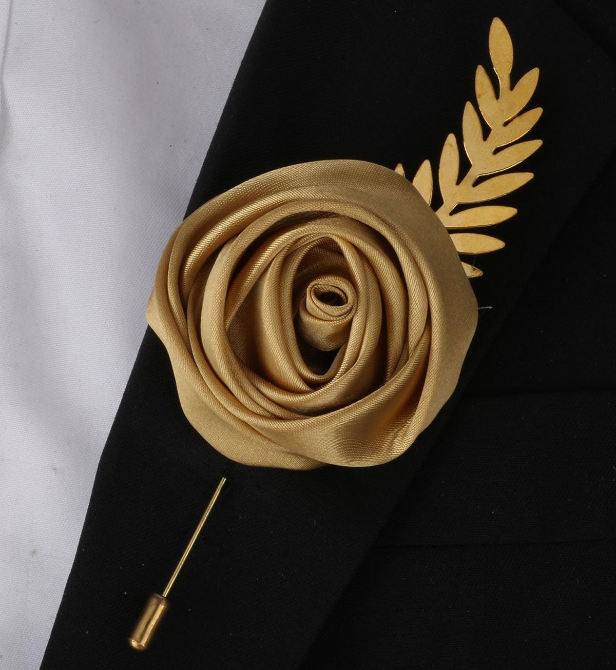 Faux Silk Rose Men Suit Boutonniere, Artificial Flower & Golden Leave Brooch Lapel Pin for Groom Groomsman Wedding Prom Dance Homecoming Party