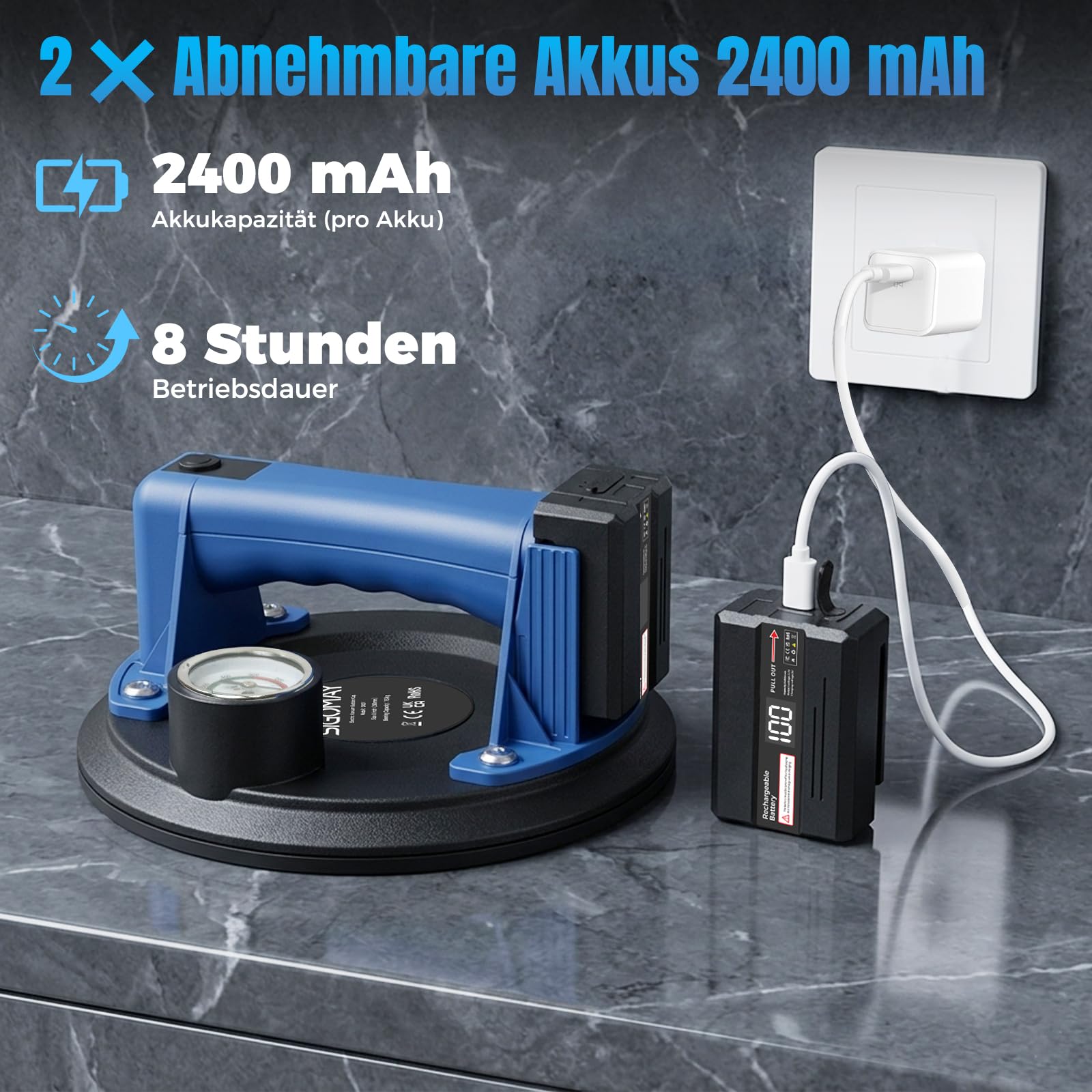 8" Akku Saugheber für Fliesen 130kg, Elektrischer Vakuumheber mit Metall-Manometer & LCD-Display, 2x Digital-Akkus (USB-Ladung), Saugheber für Glas und Glatte Oberflächen