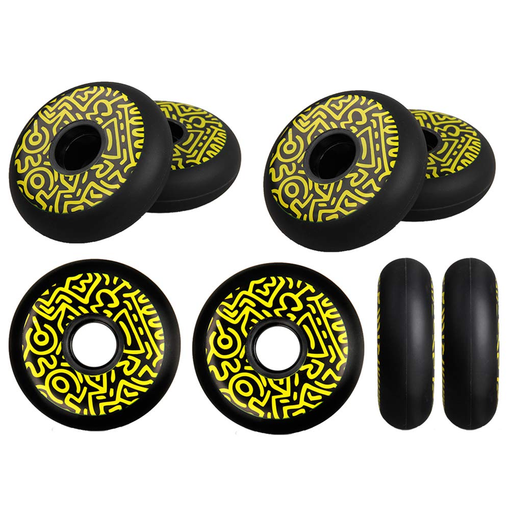 Genérico Ruedas de Repuesto para Patines en Línea Exterior Interior Ruedas de PU de Alto Rebote, Dureza 90A, Diseño Negro Y Amarillo, Paquete de 8 (72 mm, 76 mm Y 80 mm)
