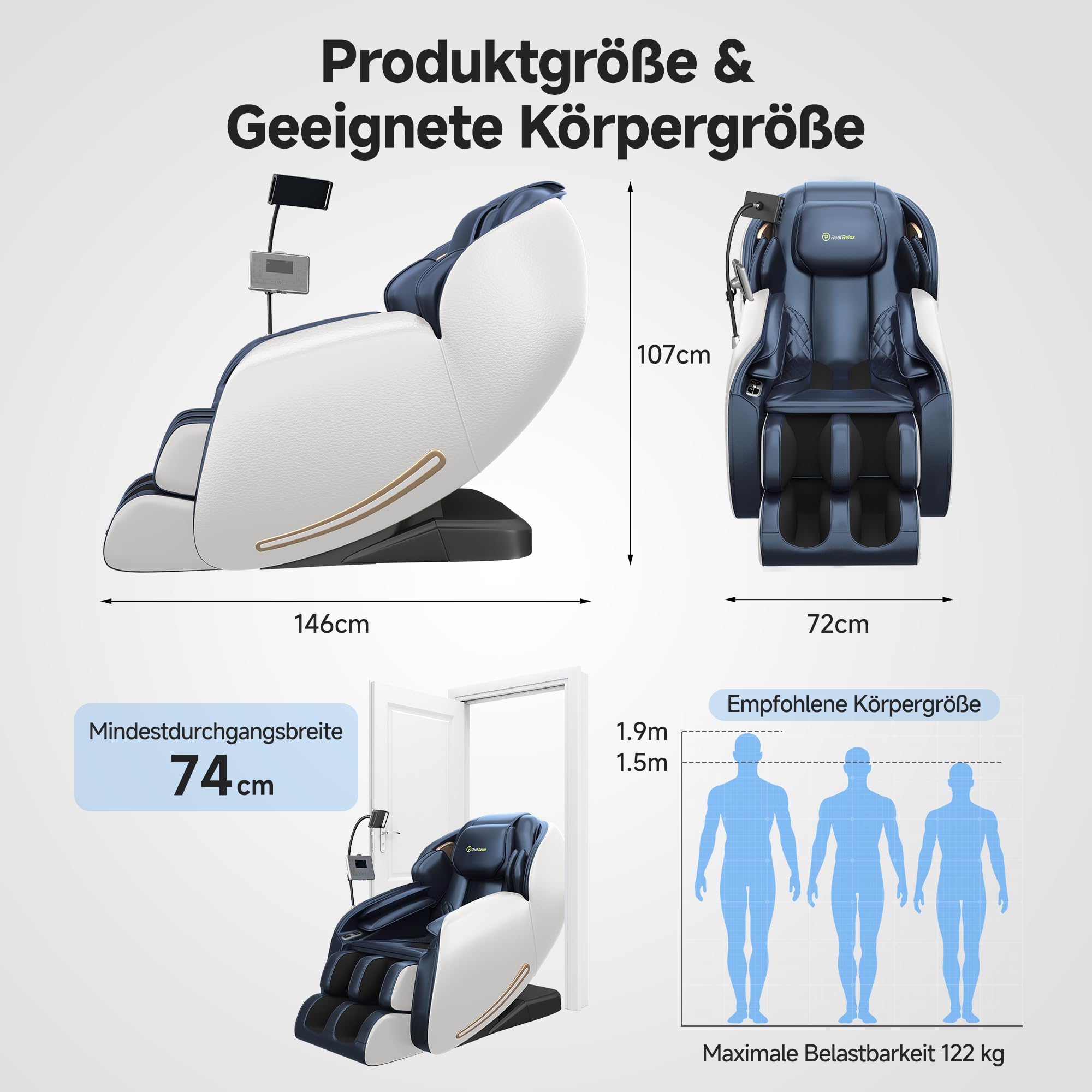 Real Relax 2026 Massagesessel Ganzkörper, Zero Gravity SL-Track Shiatsu-Massage-Liegesessel mit Telefon-Controller und Halterung, Kindersicherung, Pause-Taste und LED-Beleuchtung, Favor-06, Blau-Weiß
