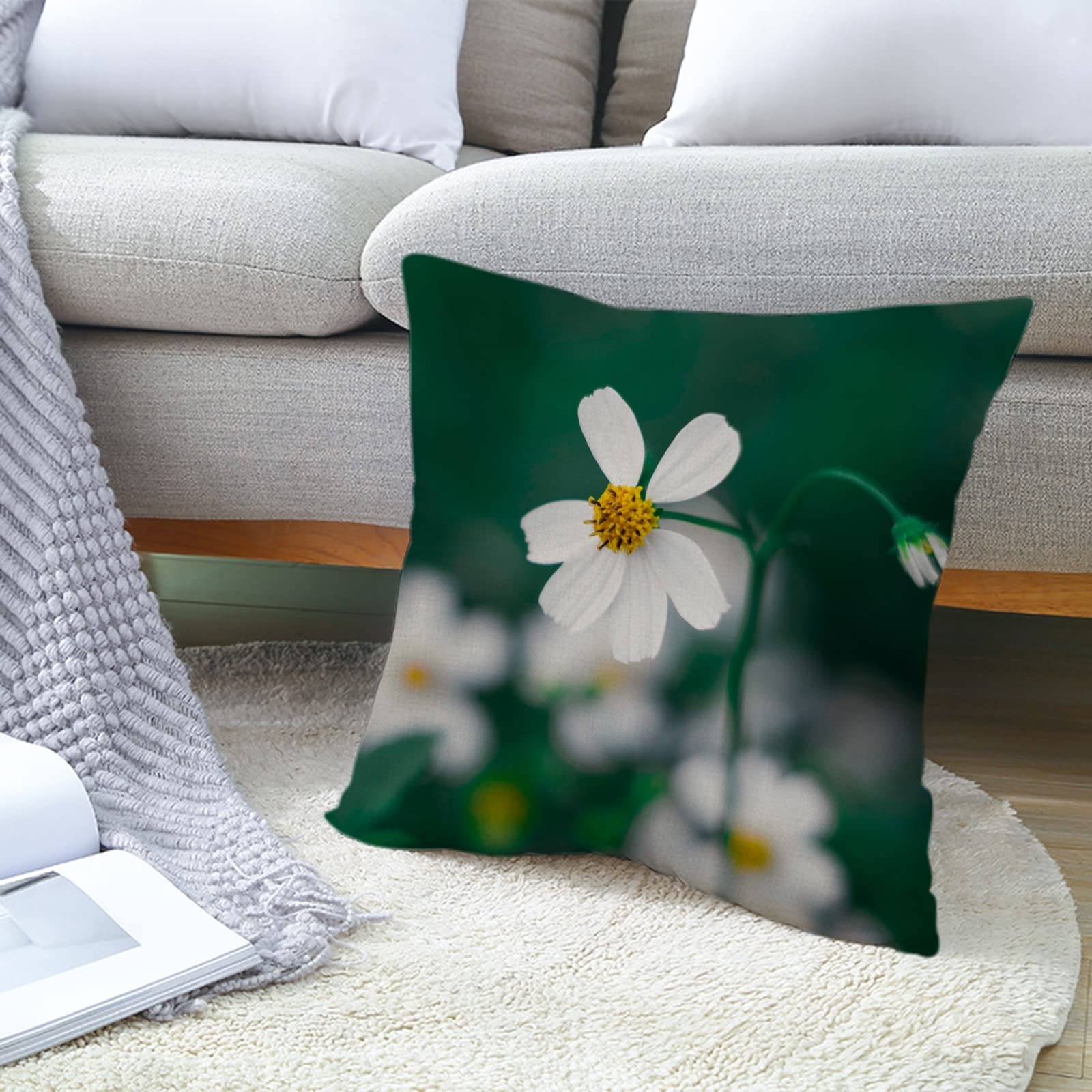 4 federe per cuscino tinta unita 50 x 50 cm, in cotone bianco, verde, bianco, motivo fiori bianchi, federa per soggiorno, divano, camera da letto