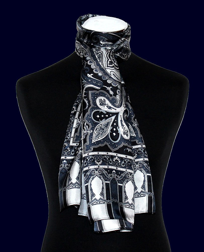 LORENZO CANA Foulard de 100% soie pour la femme – écharpe avec les mesures de 50 x 165 cm - fin, léger et noble pour le printemps et l´été – une sensation de luxe en gris argenté noir bleu foncé