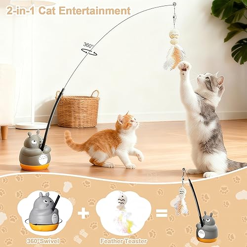Miniatura 2 de Juguete interactivo giratorio de 360 para gatos, juguete automático para gatos con base despegable, pluma móvil, pez y campana, teaser desmontable