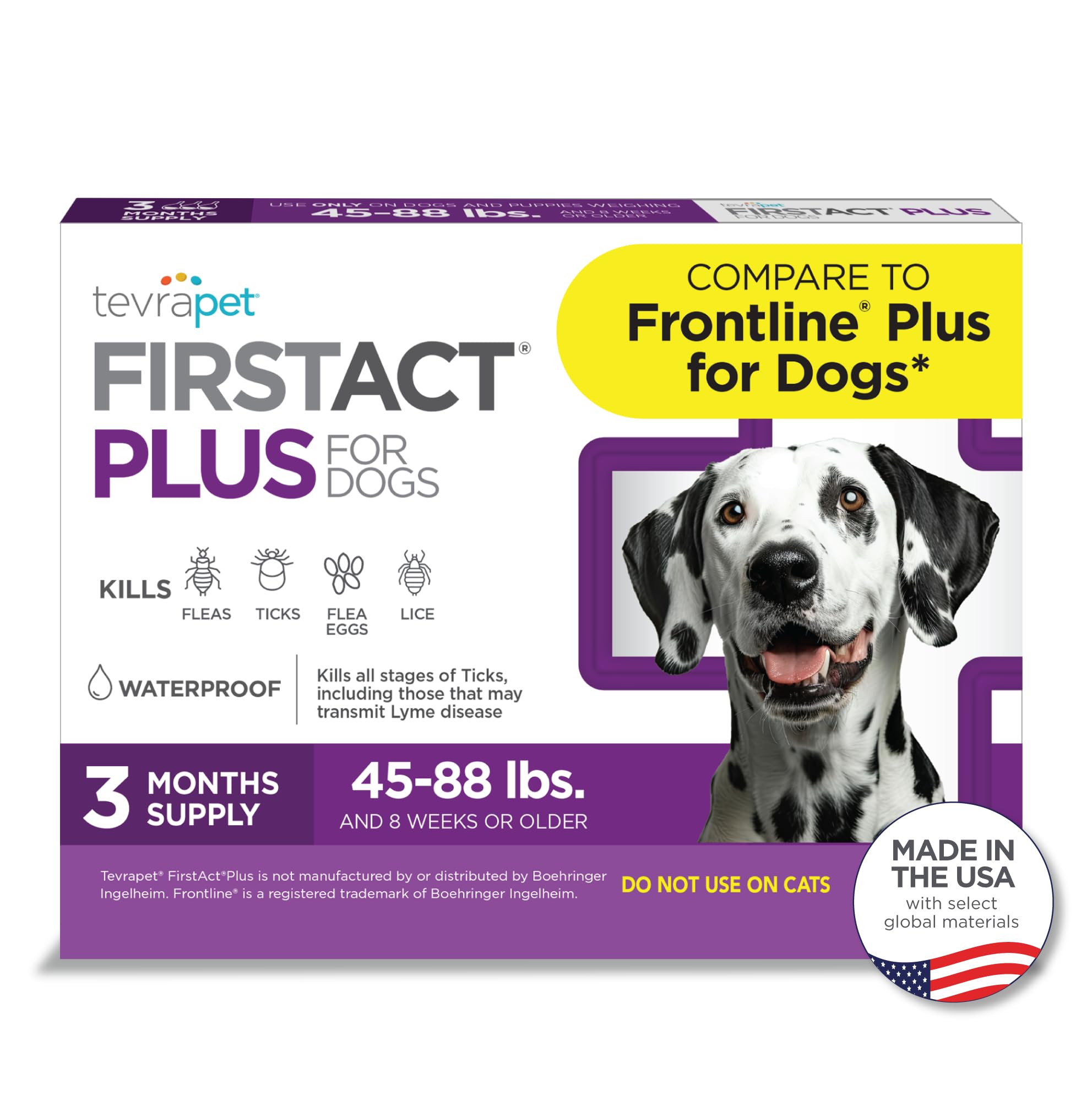 TevraPet FirstAct Plus Flea and Tick Topical for Dogs 45-88 Pounds, 3 Applicators