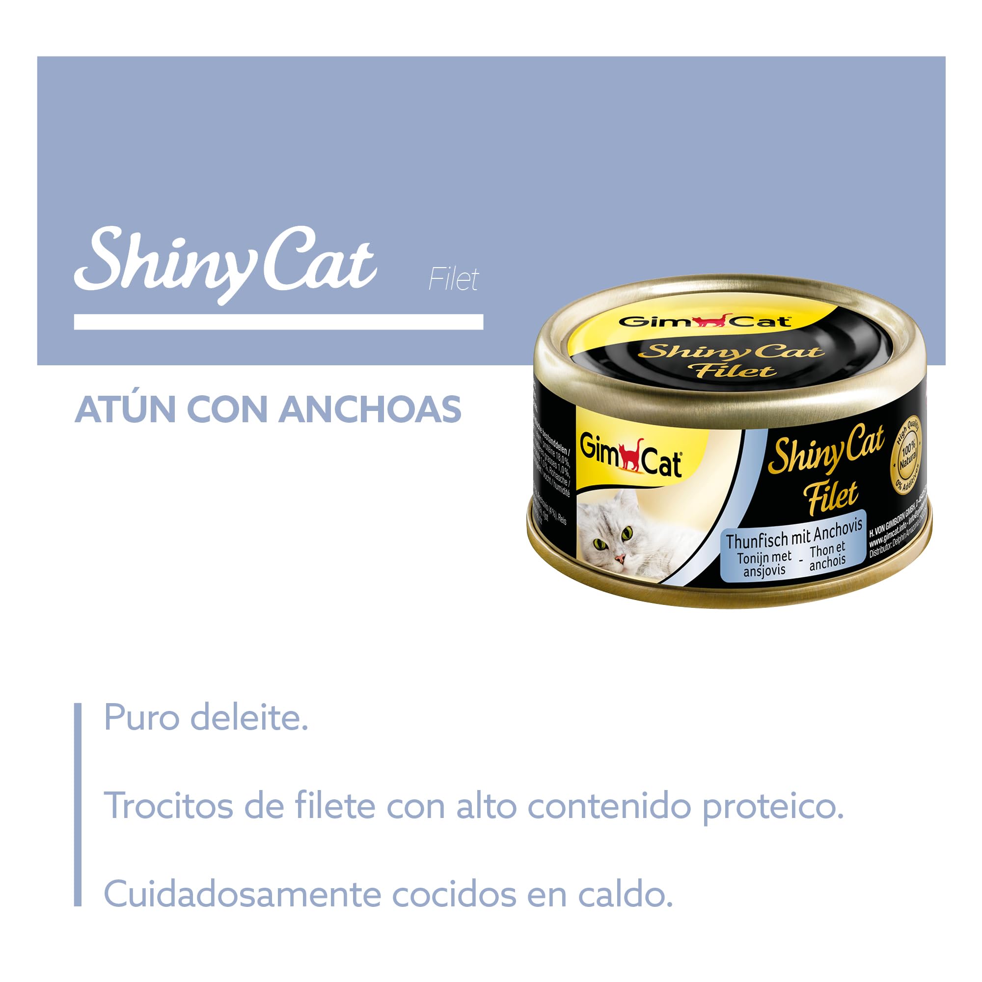 GimCat ShinyCat Filet atún con anchoas - Comida para gatos con jugoso filete y sin azúcar añadido, para gatos adultos - 24 latas (24 x 70 g)