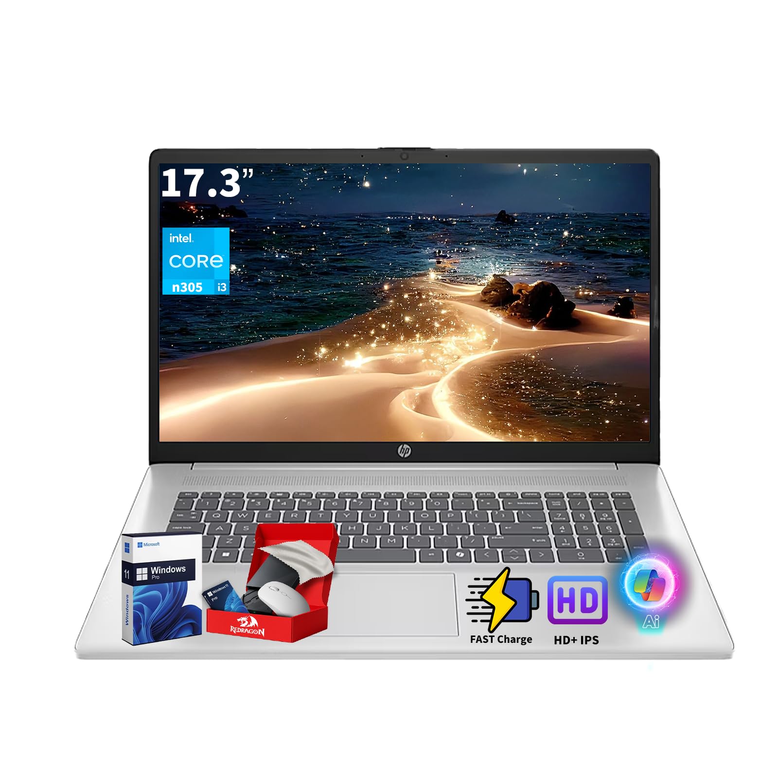 2026 17.3" HD+ laptops Computer for Business & Students - 16GB RAM 512GB SSD - Intel Core i3-N305, Up to 9.5 Hours Battery Life, Fast Charge, IPS, AI Copilot, Type-c, HDMI, Win11 Pro, Accessoires