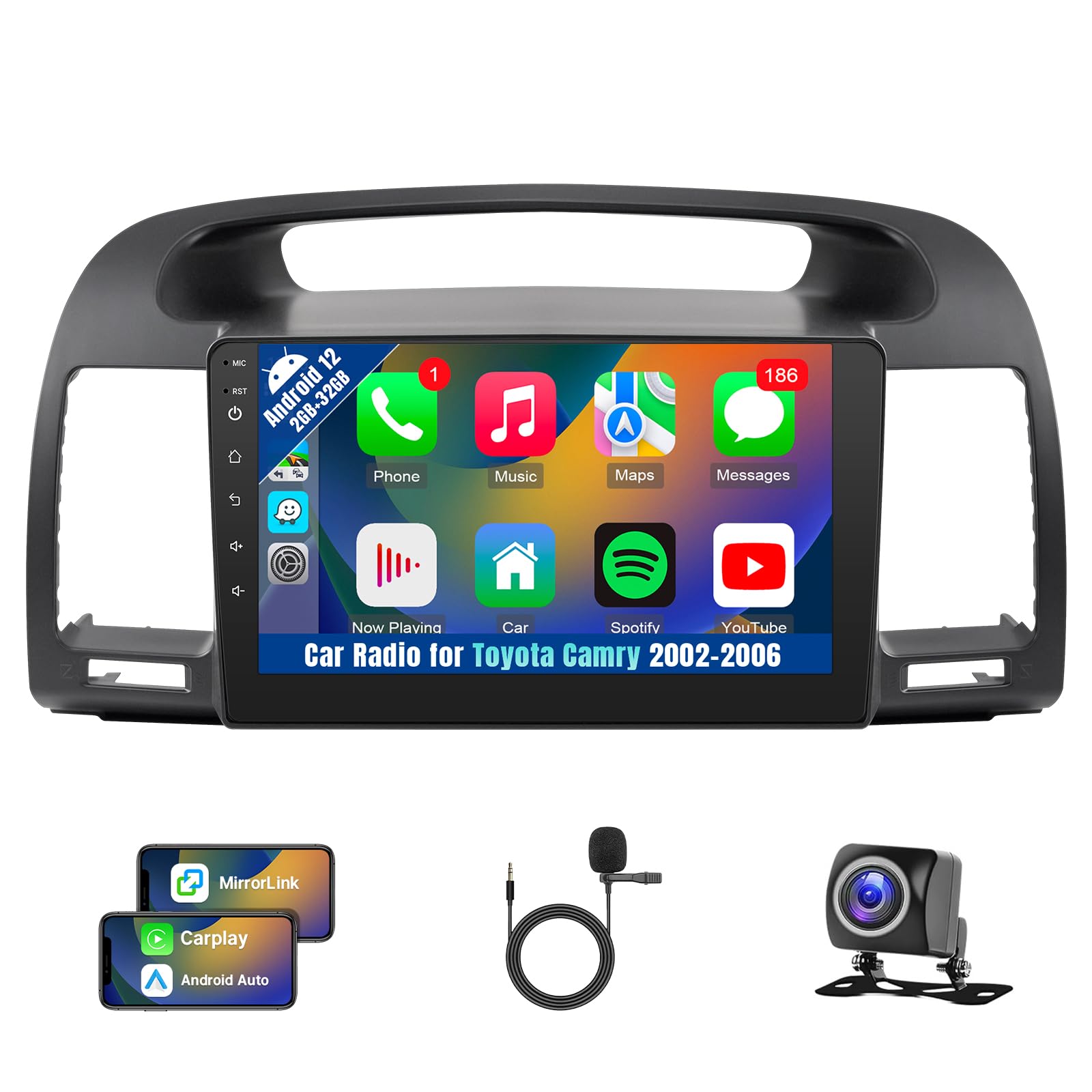 Car Stereo Radio for Toyota Camry 2002 2003 2004 2005 2006 with Wireless Carplay Android Auto, 9 Inch Screen for Toyota Camry, with Bluetooth,GPS,WiFi,SWC, MIC