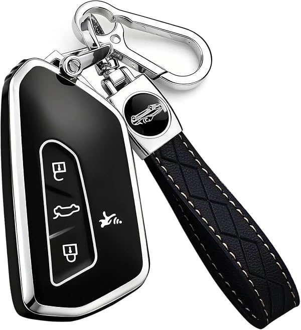 Funda de llavero para VW con llavero, Funda de TPU premium compatible con Volkswagen Atlas Cross Sport Tiguan Golf GTI MK8 ID4 Protector de arranque remoto (4 botones Negro)