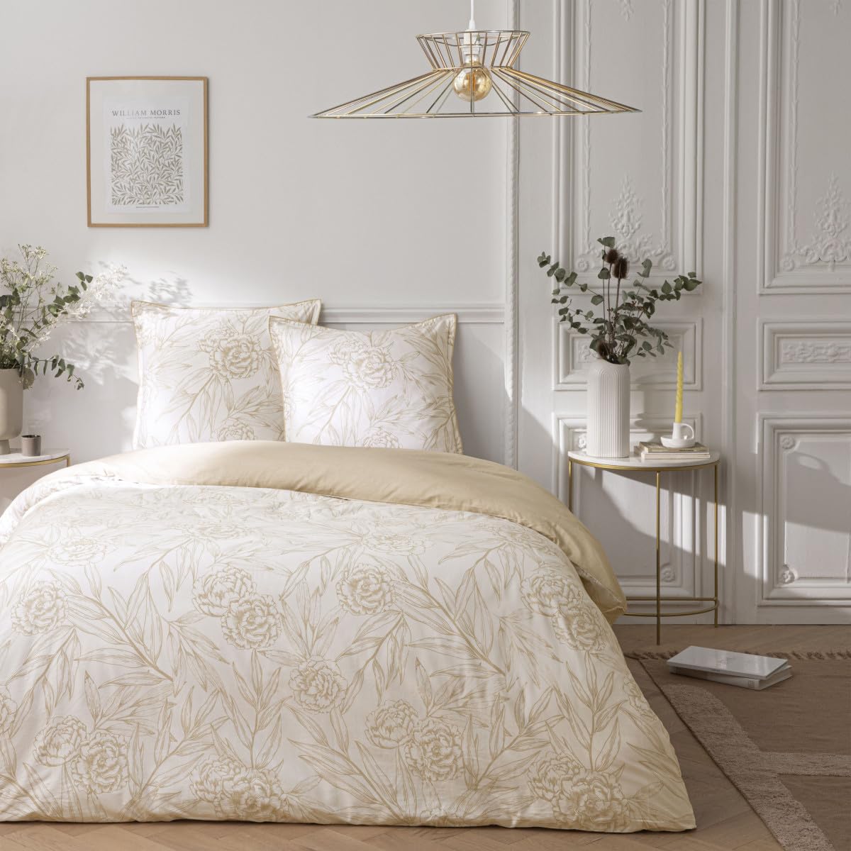 Future Home Parure de lit 2 Personnes Suzanne en Satin de Coton réversible - Housse de Couette + 2 taies d'oreiller 63x63cm - 100% Satin Coton - 120 Fils/cm² - Blanc - Finition Boutons