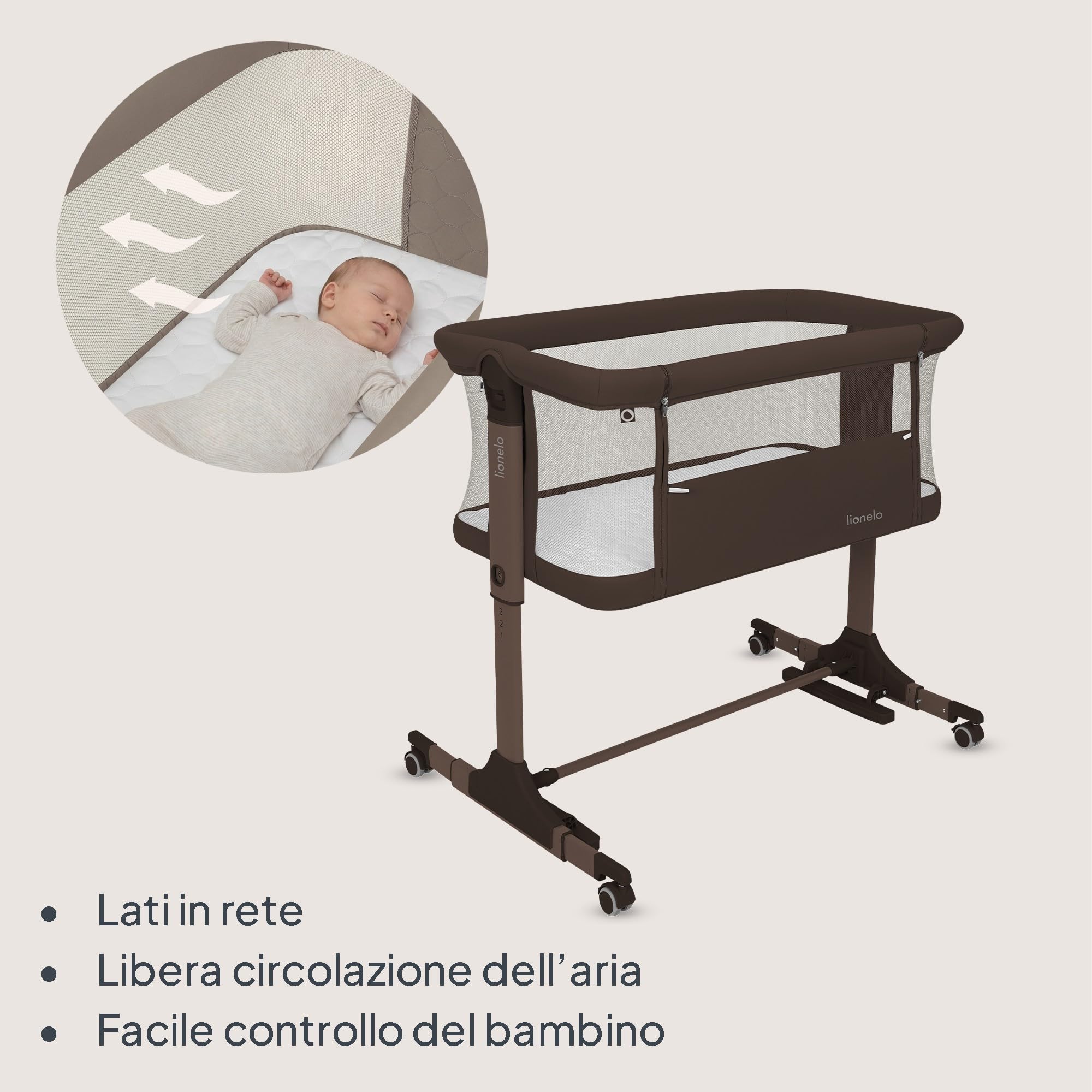 lionelo PARI Culla Co Sleeping Fianco Letto 3 in 1, Regolabile in Altezza 6 Livelli, Materasso T25 2 cm, Ruote con Blocco e Dondolo, Gambe Regolabili per Letto Continentale, Rivestimento Lavabile