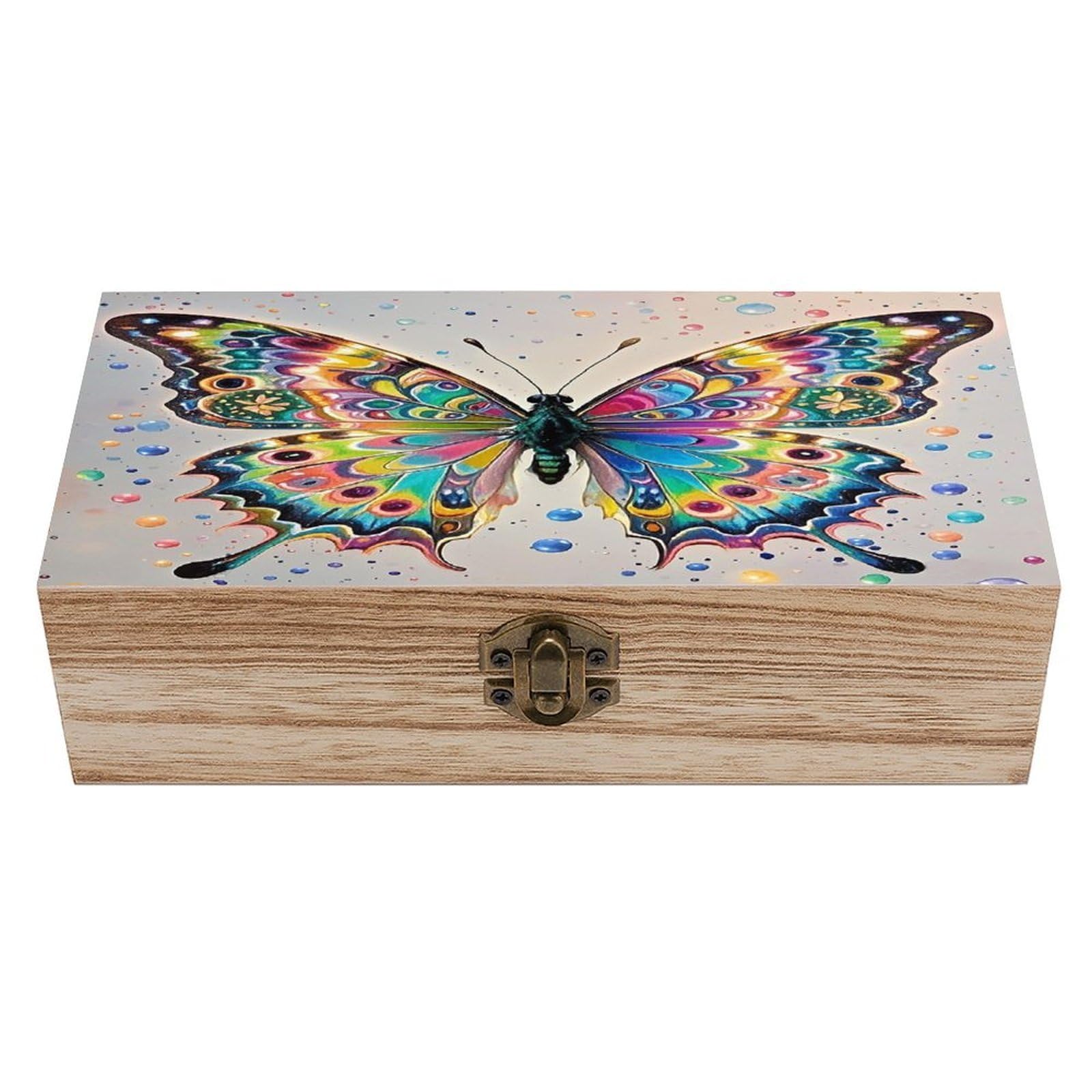 FekiLoot Butterfly Drip Spray Watercolor Wooden Storage Box Exquisite Wood Keepsake Box Vintage Wooden Gift Jewelry Case for Crafts And Photo Storage Boxes