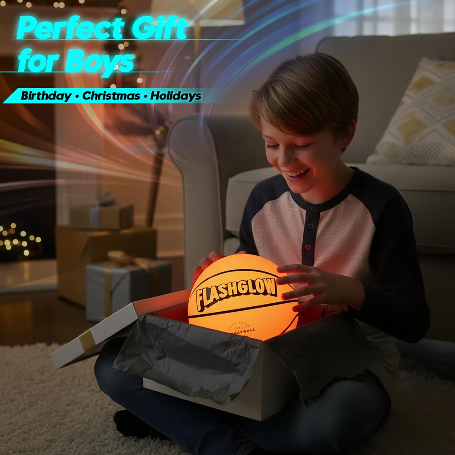 Light Up LED Basketball For Teen Boys: Cool Nighttime Ball Game Gifts For Birthday Christmas Easter – Glow In The Dark Sports Toy – Size 7 Outdoor Rubber Ball For Boys Girls Ages 8 9 10 11 12 13 14 15 - Image 2