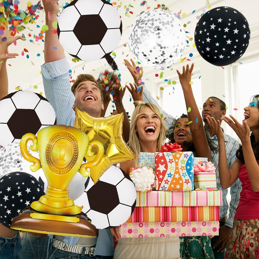 Palloncini Per Festa Di Calcio: 5 Pezzi Palloncini Trofeo Oro, Palloni E Stelle In Foil - Decorazioni Per Compleanni A Tema Sportivo