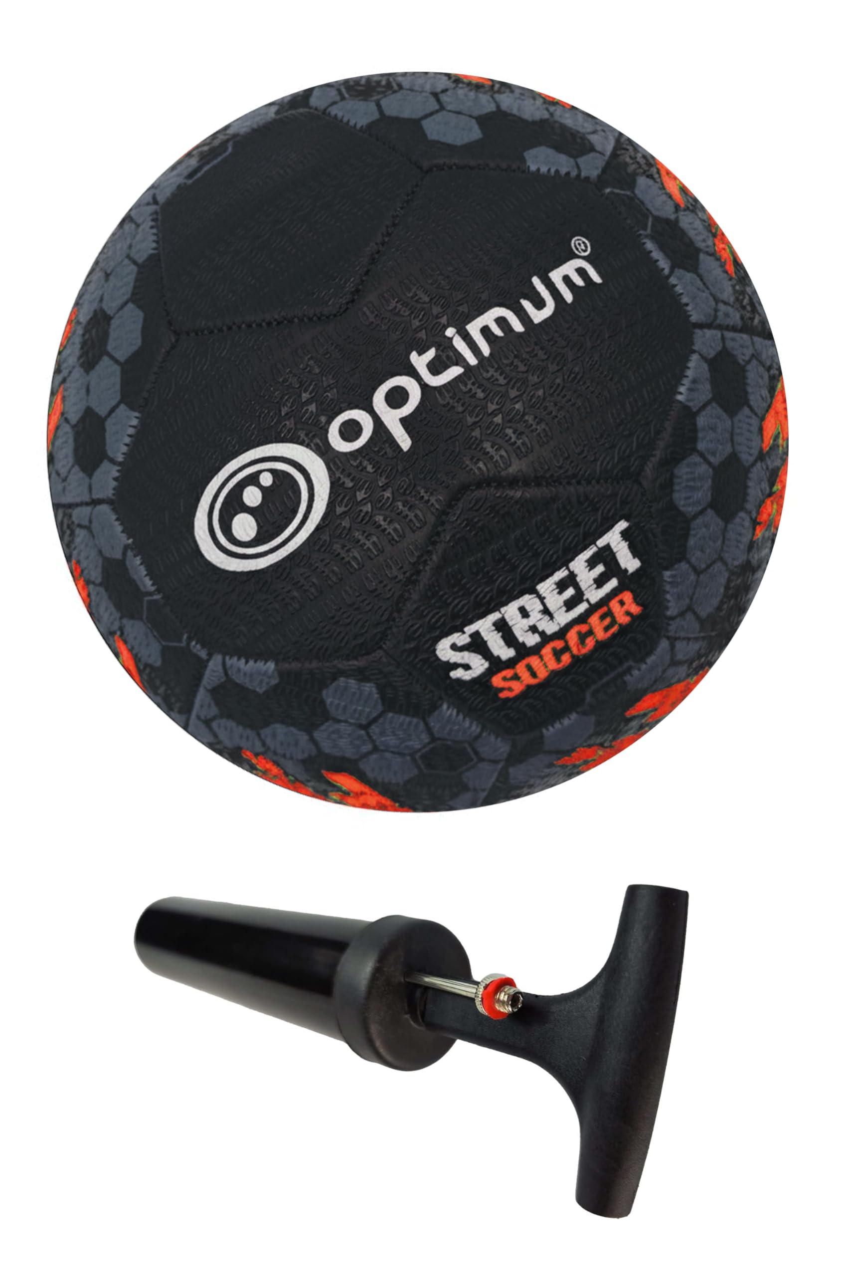 Optimum Street Football - Top-Grade Durable Rubber Long-Lasting Tire Grip Ideal for Concrete & Asphalt, All-Weather - Size 4, Ball Pump Included, Black/Orange