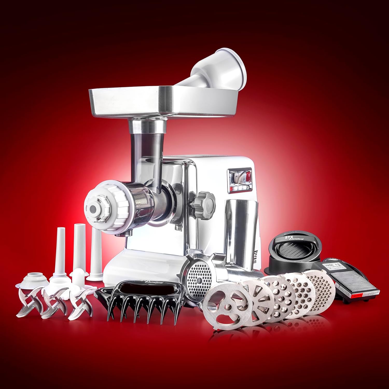STX International Turboforce 3000 Series 7-in-1 Electric Meat Grinder | 3000W Max | 3-Speed | Foot Pedal | Juicer | 5 Grinding Die | 3 Stainless Steel Blades | Sausage Stuffer | Kubbe Maker & More