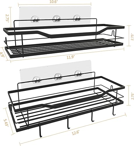 Miniatura 5 de Paquete de 2 organizadores de ducha de acero inoxidable con 4 ganchos extraíbles, estante de ducha adhesivo fuerte para almacenamiento interior de