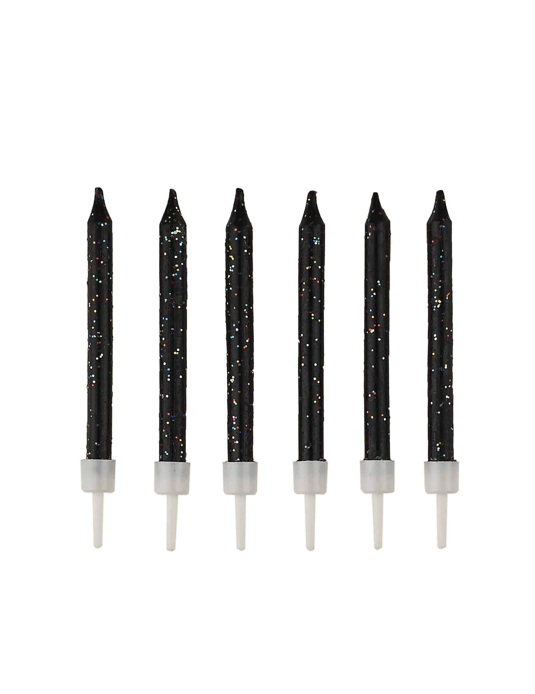 12 Black Glitter Cake Candles with Holders