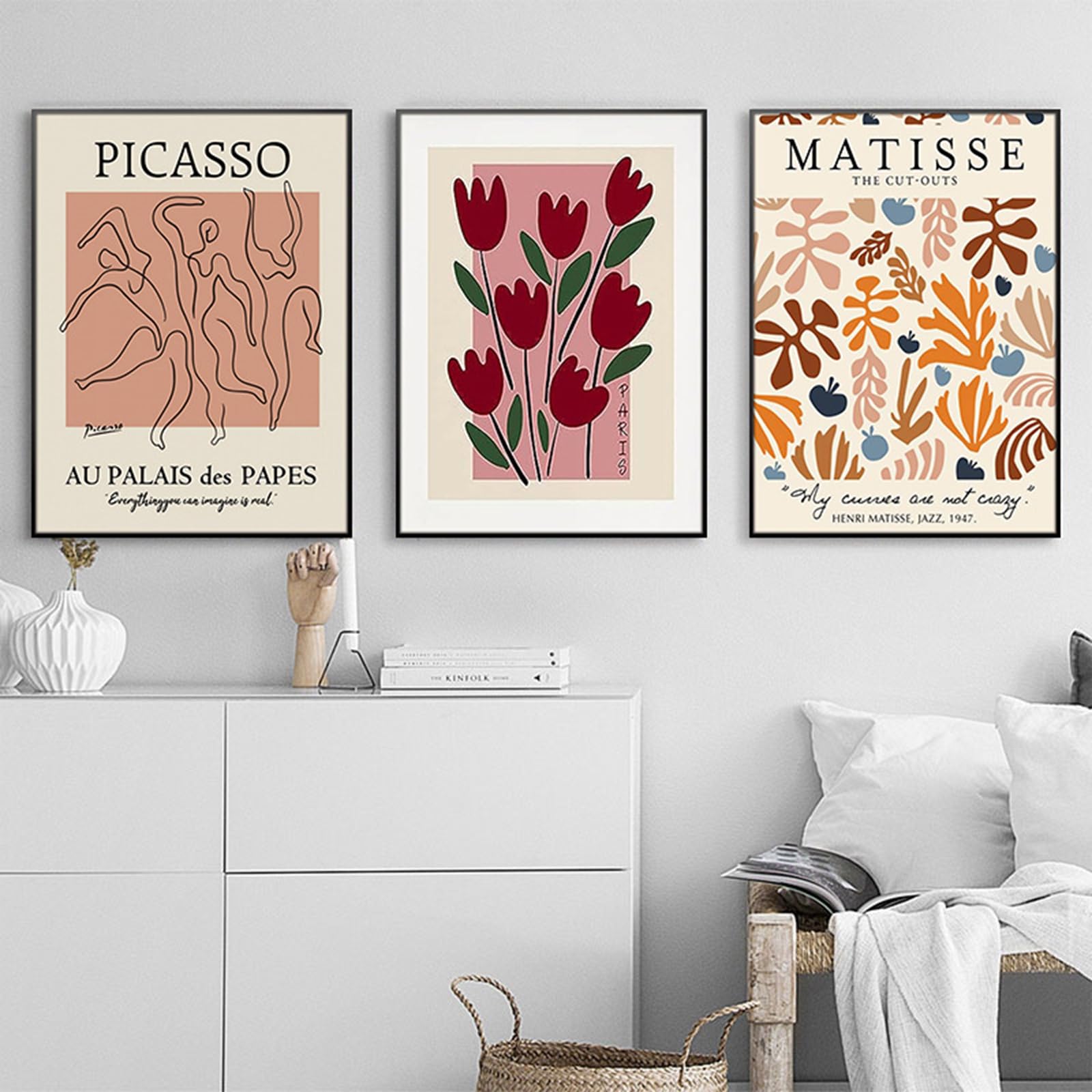 ZBELLO Set of 3 Posters, Abstract Picasso and Matisse Floral Wall Art, Modern Canvas Wall Decoration, Floral Canvas Art Prints for The Living Room and Bedroom, Unframed (40x50cm)