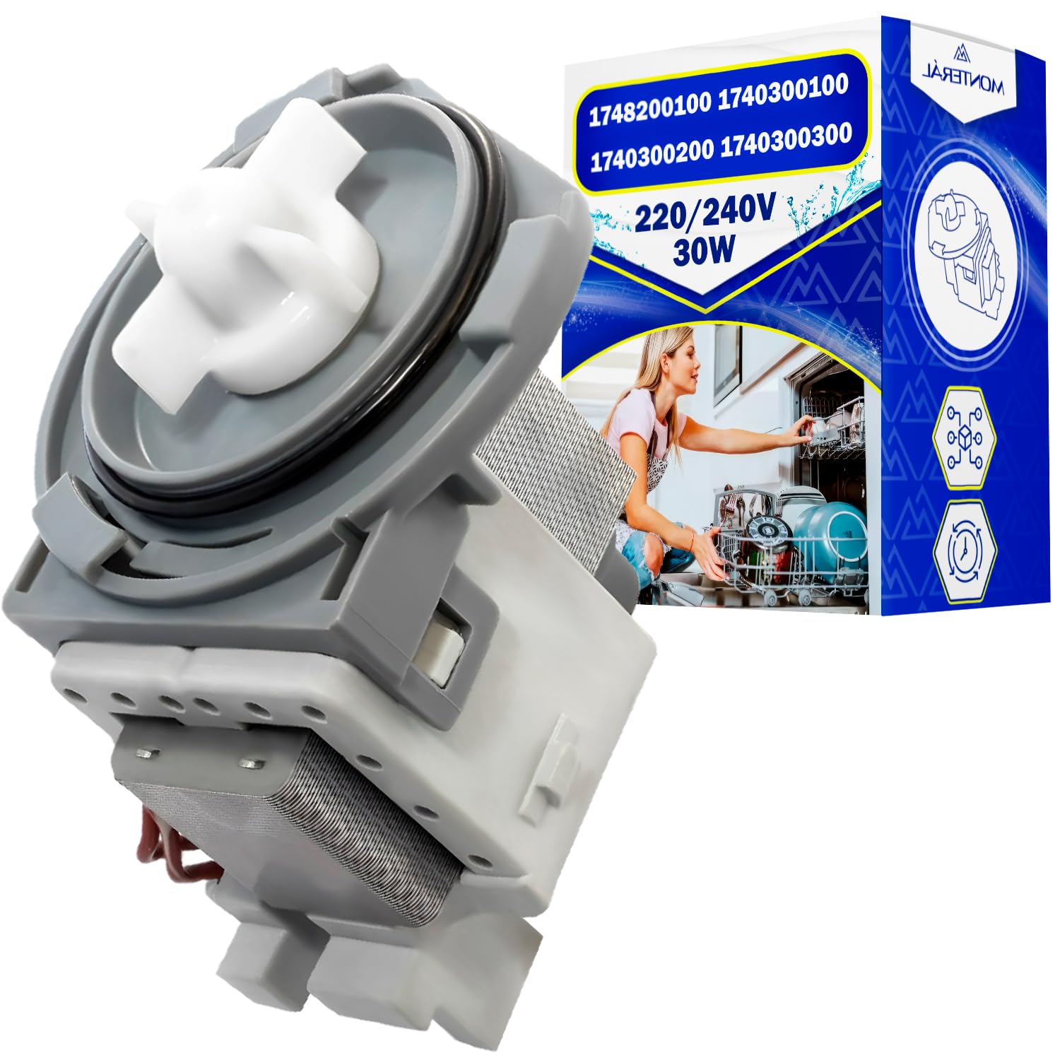 Bomba para Lavavajillas 220/240V 30W con Código Original 1748200100 1740300100 1740300200 1740300300 para Beko - Garantía de 10 Años - MONTERAL