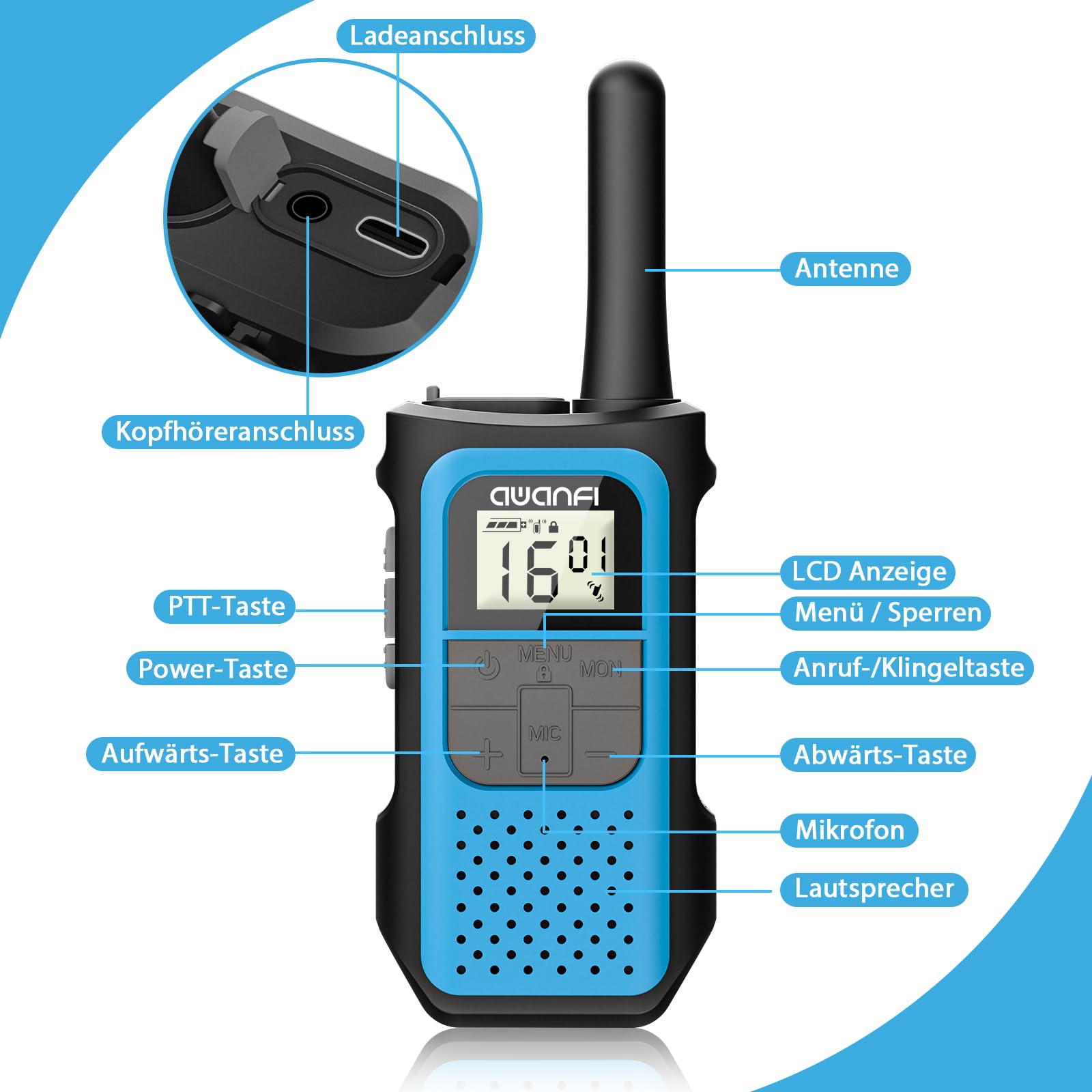 Walkie Talkie 4er Set, Walkie Talkie Aufladbar für Erwachsene Kinder, 16 Kanäle Funkgeräte Set mit 1200mAh Li-ion Akku VOX, Walki Talki für Camping Wandern Geschenk