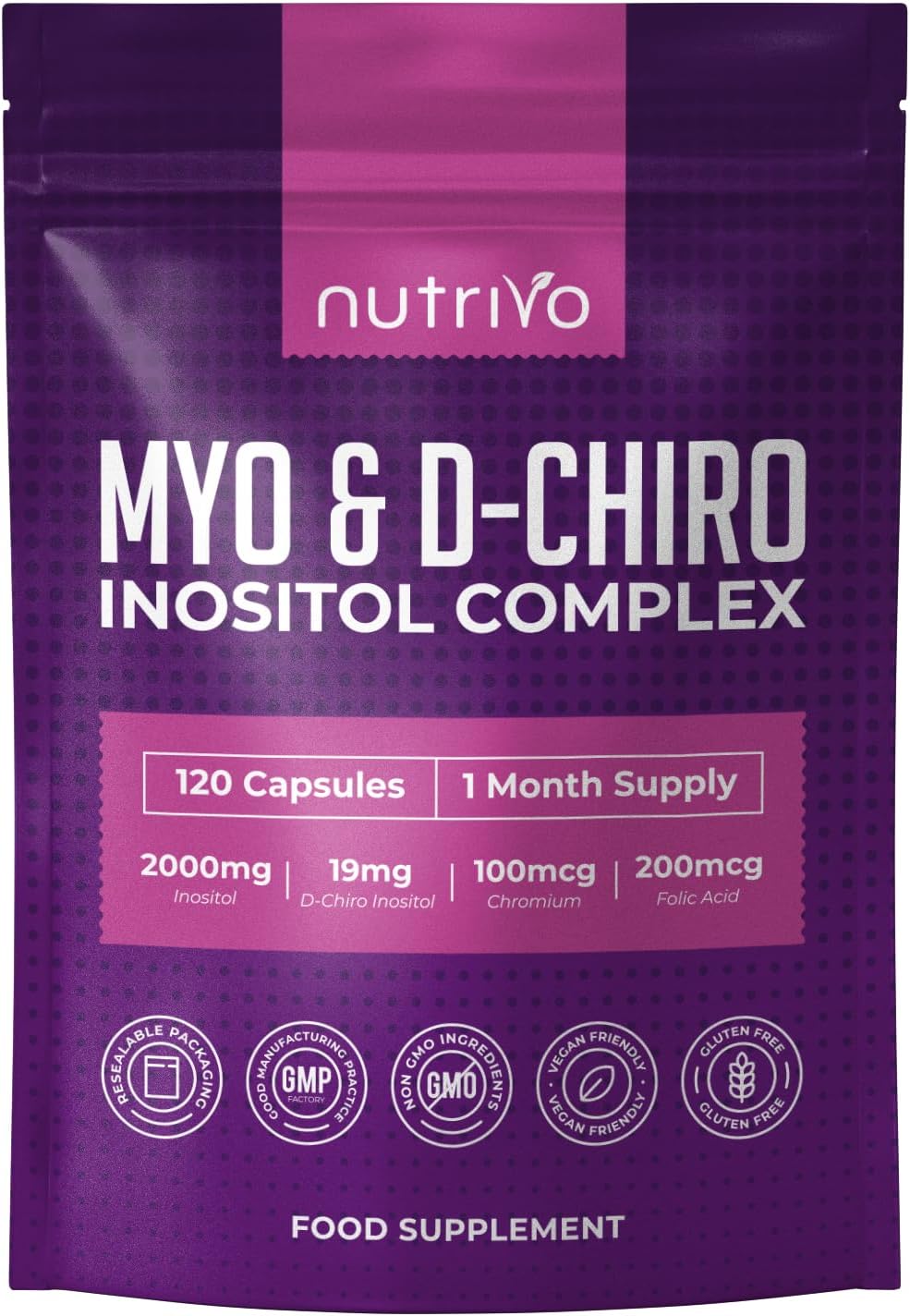 Myo Inositol & D Chiro Inositol - 120 Capsules | PCOS Supplement Supports Fertility, Weight Loss & Hormone Balance | Inositol 2000mg, Folic Acid, Chromium | Alternative to Tablets