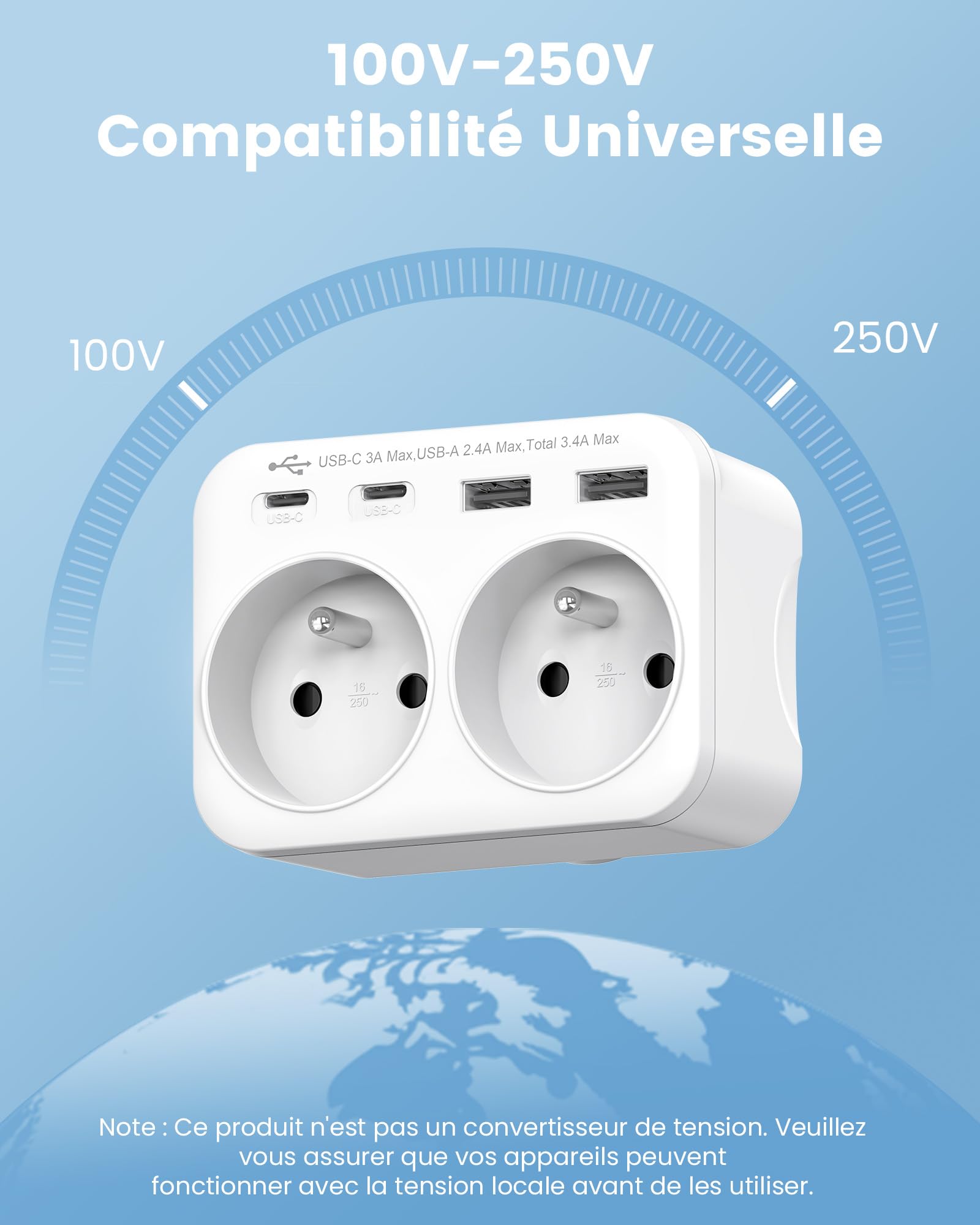 LENCENT Adaptateur de Voyage Type B - 6 en 1 vers USA/Canada/Mexique/Thaïlande - Prise Française avec 2 Prises AC et 2 Ports USB-A，2 Ports USB-C -pour appareils français aux États-Unis
