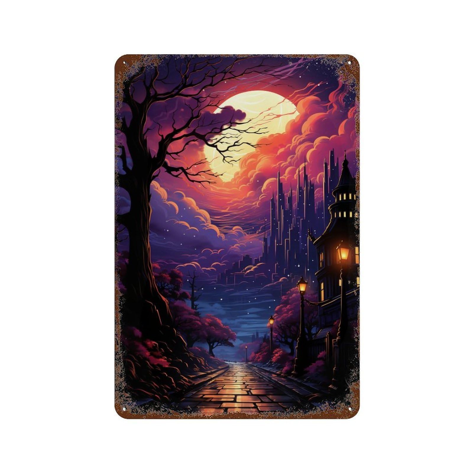 Magical Night Cityscape Vintage Metal Tin Sign 11.8"x7.9", Ideal for Basement, Hobby Room And Garage Decor