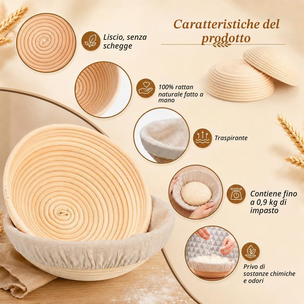 Banneton - Cestini per lievitazione del pane, 6 pezzi, piccoli cestini per lievitazione con rattan naturale, per panettieri professionali e casalinghi