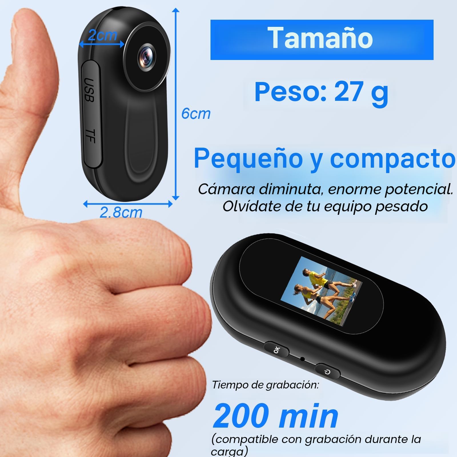 Action CAM, Cámara Deportiva 360° & HD 1080P Cámara de Casco Mini Cámara de Video Corporal con Pantalla de 0.85'', Cámara de Acción soporta Visión Nocturna Automática para Moto y Bicicleta