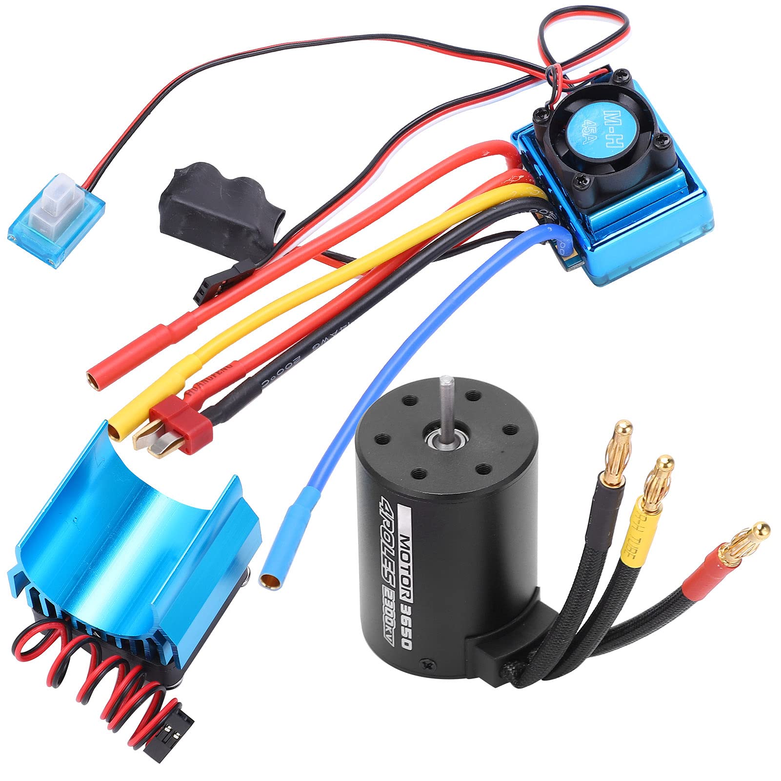 Zerodis Silnik Bezszczotkowy 4-biegunowy 3650 2300KV, Regulator 45A | Aluminiowy radiator 6061 T6 do samochodu RC 1/10