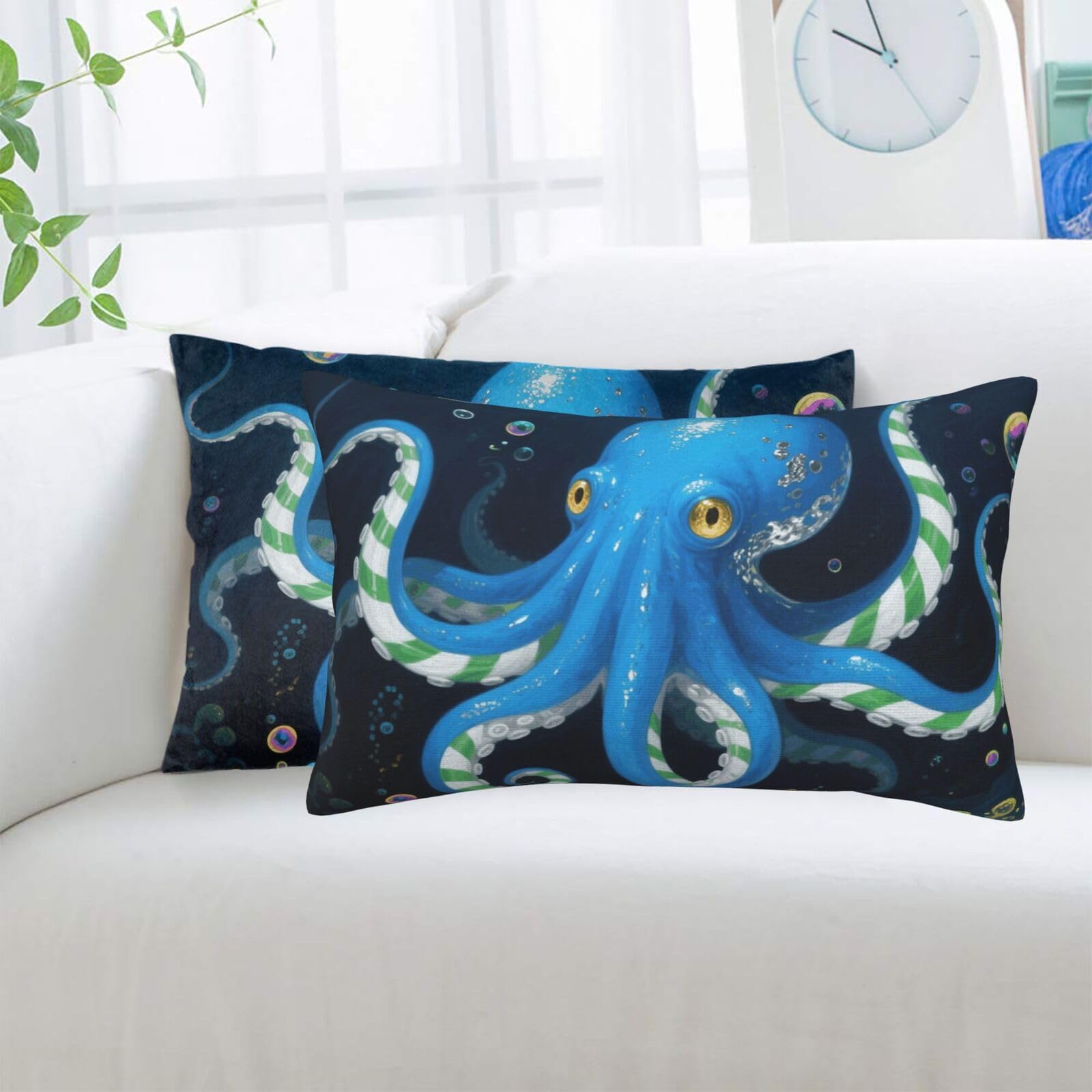 2 Pack Standard Pillowcases Sets, Ultra Soft Comfort Microfiber Plush Pillow Cases Blue Octopus Decorative Throw Pillow Cover with Hidden Zipper for Bedroom, Sofa, Couch,14"X20"